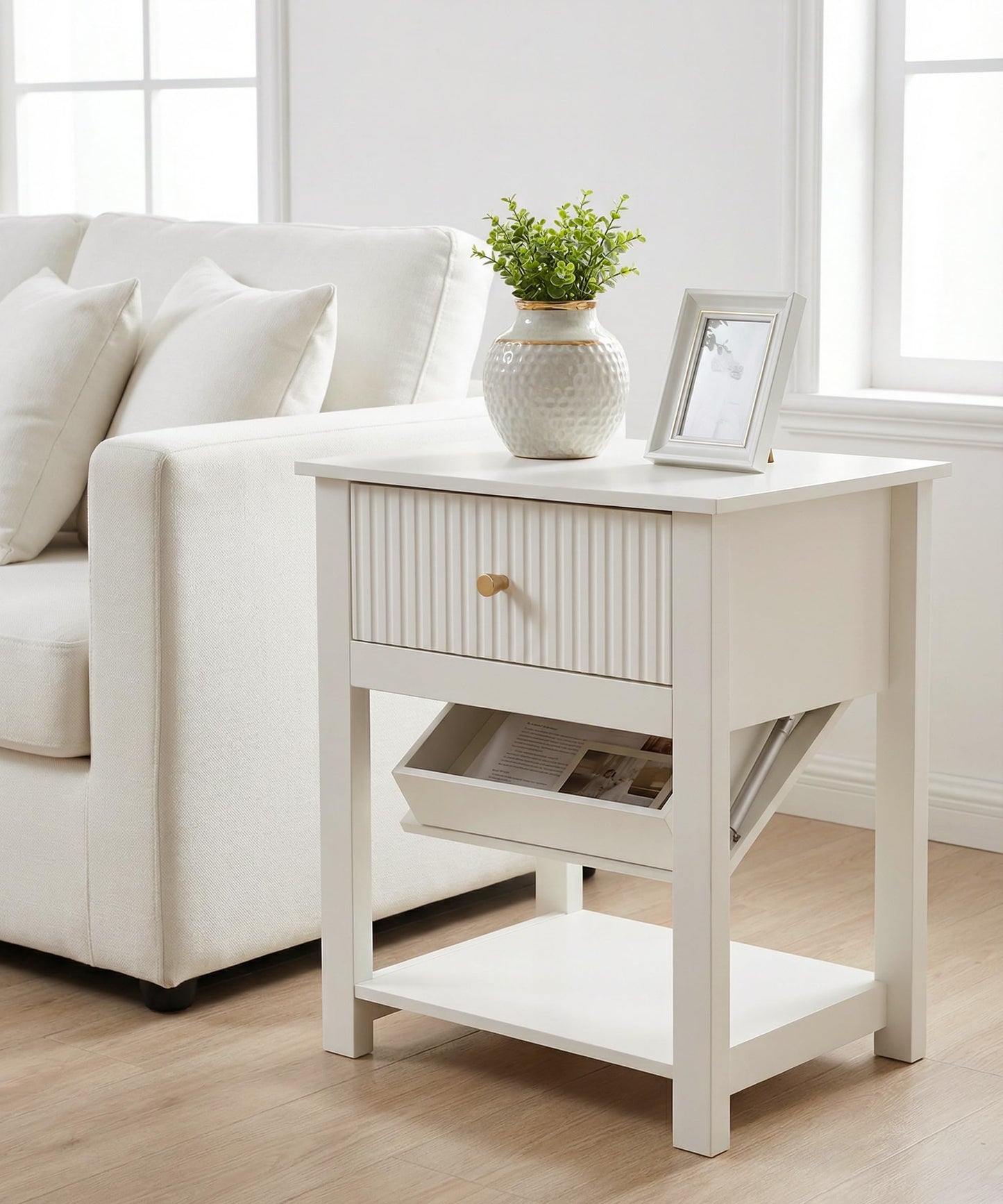 Aylenic Night Stand with Gun Drawer, White Wood Bedside Table, Modern Farmhouse Side Table Bedroom Gun Safe with Hidden Compartment, Handgun Safe for Nightstands Simple Aesthetic End Table