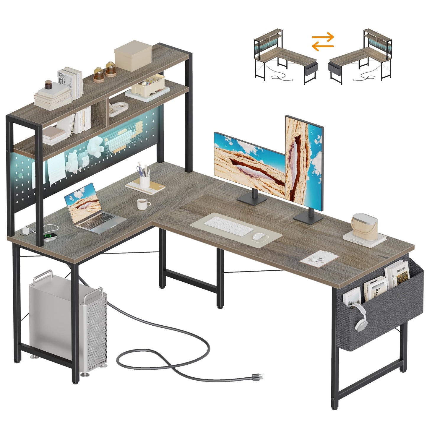 Mericonia 50 inch Large L Shaped Desk with Pegboard Hutch & Shelves, Corner Gaming Desk with Power Outlet, LED Light & Storage Bag, Reversible Computer Desk for Home, Bedroom, Office Workspace, Grey