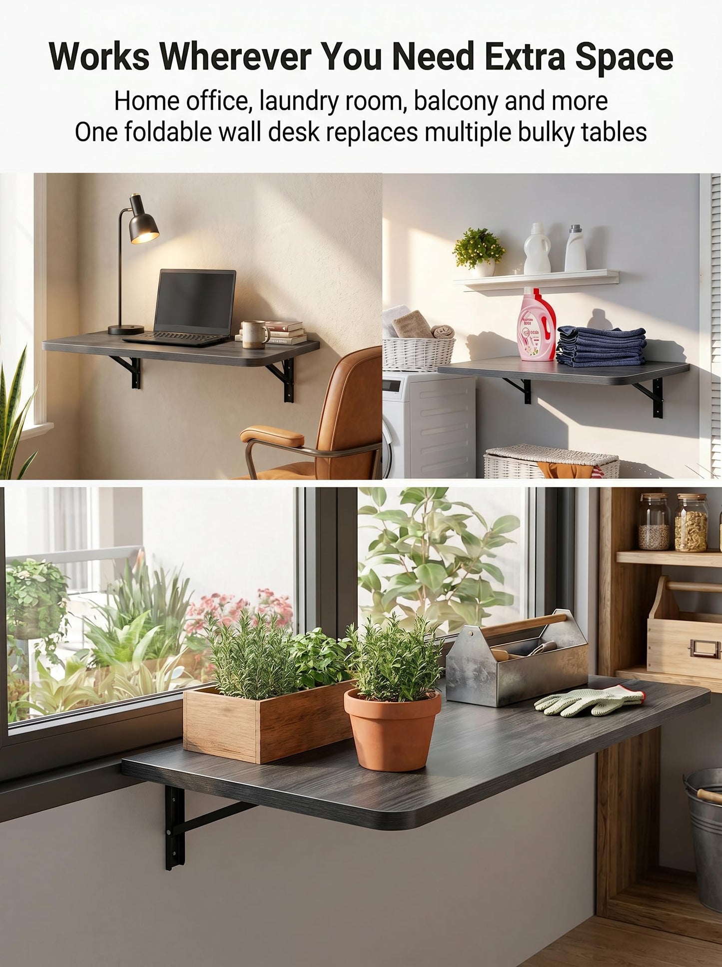 DAZIMOU 31" x 22.8" Wall Mounted Folding Desk, Floating Shelf Storage Table with Foldable Stand for Folding Tables for Balcony, Laundry, Kitchen, Home Office, Bedroom & Living Room (Grey)