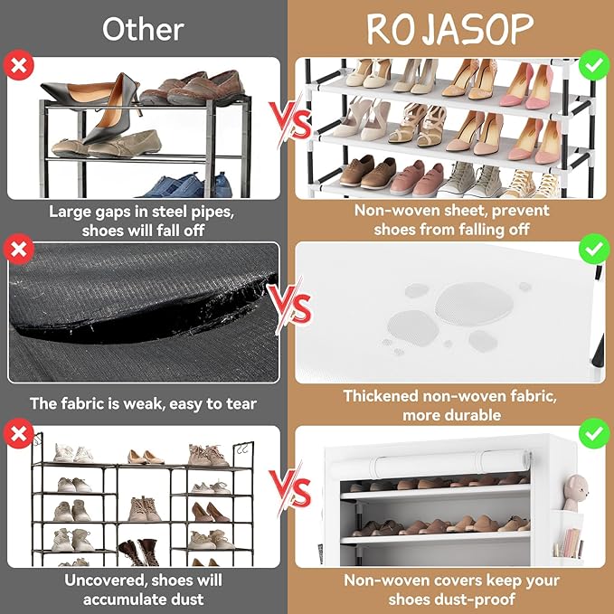 ROJASOP Shoe Rack with Covers 10 Tier Large Shoe Organizer Tall Shoe Closet