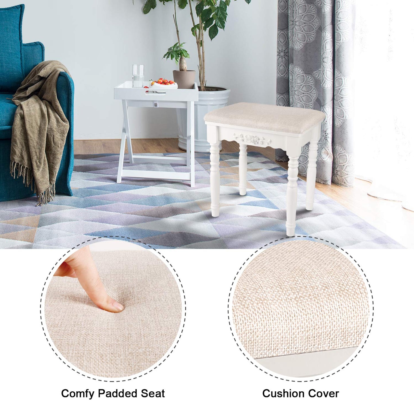 URFORESTIC Oak Wood Vanity Stool, Modern Makeup Dressing Stool with Concave Seat Surface,Capacity 300lb, Easy Assembly (White)