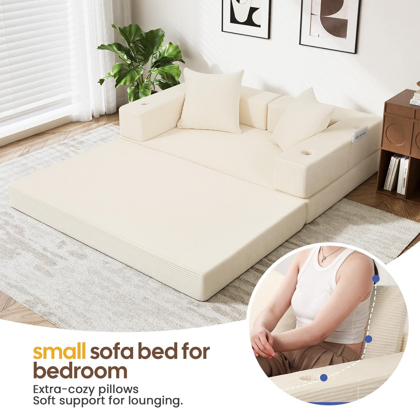 COMAX Futon Sofa Bed, 4‑in‑1 Convertible Sofa Bed, Folding Boneless Couches for Living Room, Fold Out Small Foldable Loveseat Floor Sleeper Comfy Mattress Lounge Space‑Saving, Beige
