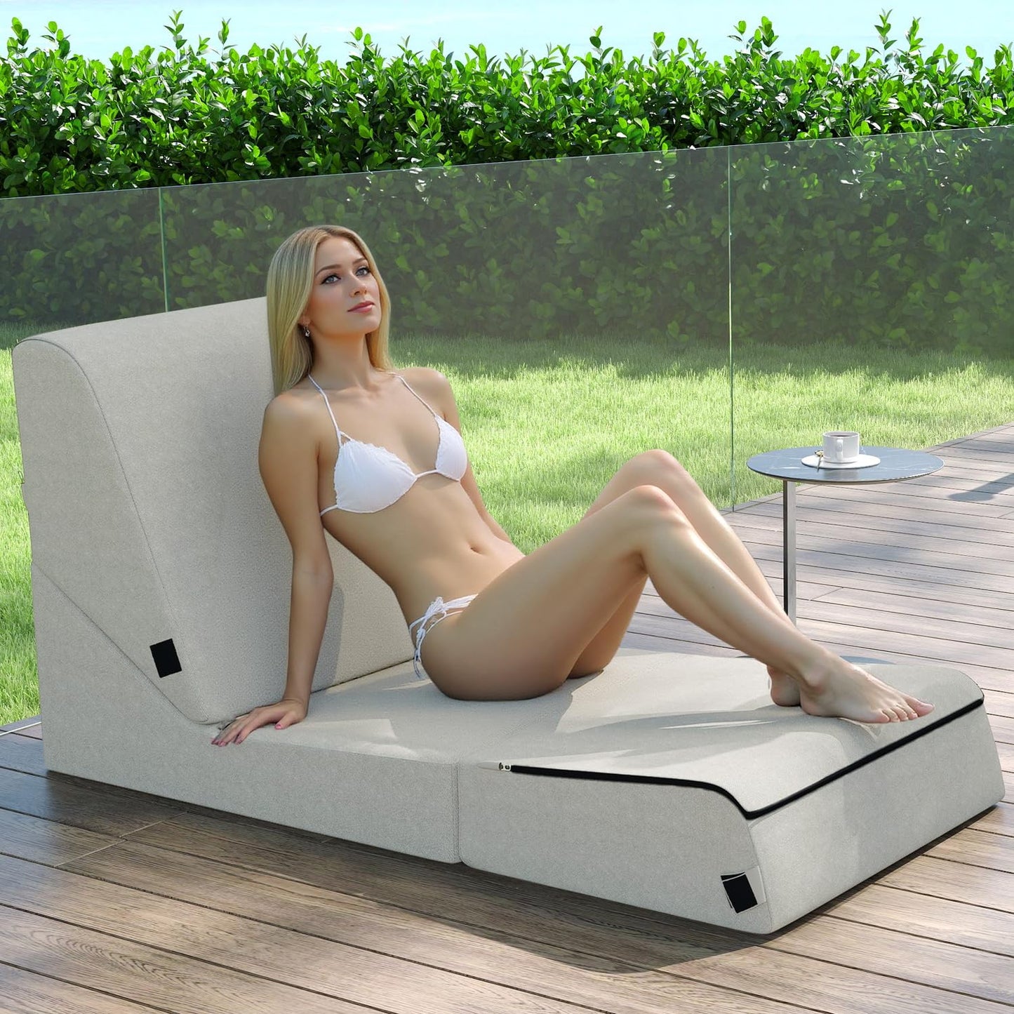 jela Outdoor Sofa, Waterproof Folding Lounge Chair and Sofa, UV Resistant Patio Sofa with Machine Washable Cover, Soft Foam Outdoor Bed Pool Lounge Chaise Chairs (Sand)