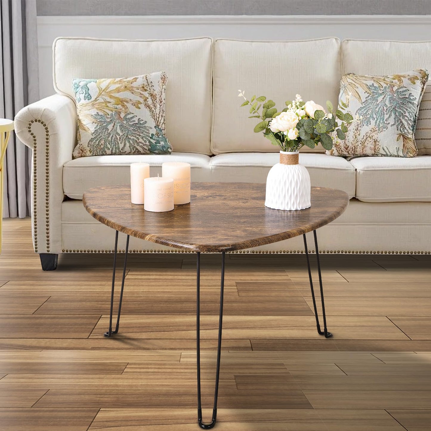 FEUFOAM Folding Coffee Table Triangle Designs Oval Coffee Tables Mid Century Wooden Triangular Accent Table with Metal Legs Foldable Industrial Sofa Center Table for Living Room Space Saving