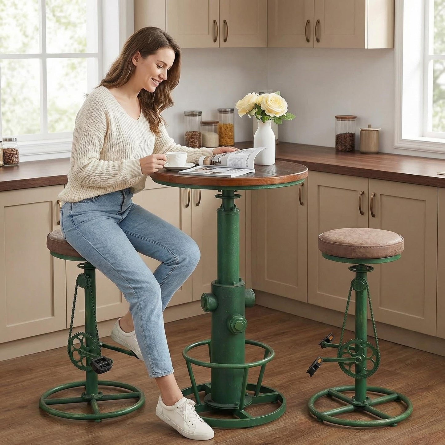 Topower Vintage DIY Bar Stool Bicycle Chain Iron Pedal Retro Industrial Height Adjustable Bicycle Wheel Design bar Chair Set of 2 Antique Green
