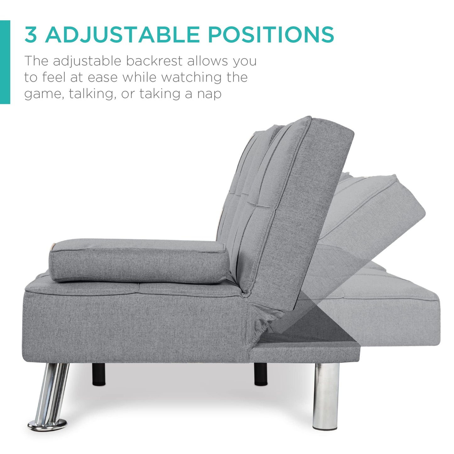 Best Choice Products Linen Modern Folding Futon, Reclining Sofa Bed for Apartment, Dorm w/Removable Armrests, 2 Cupholders - Gray
