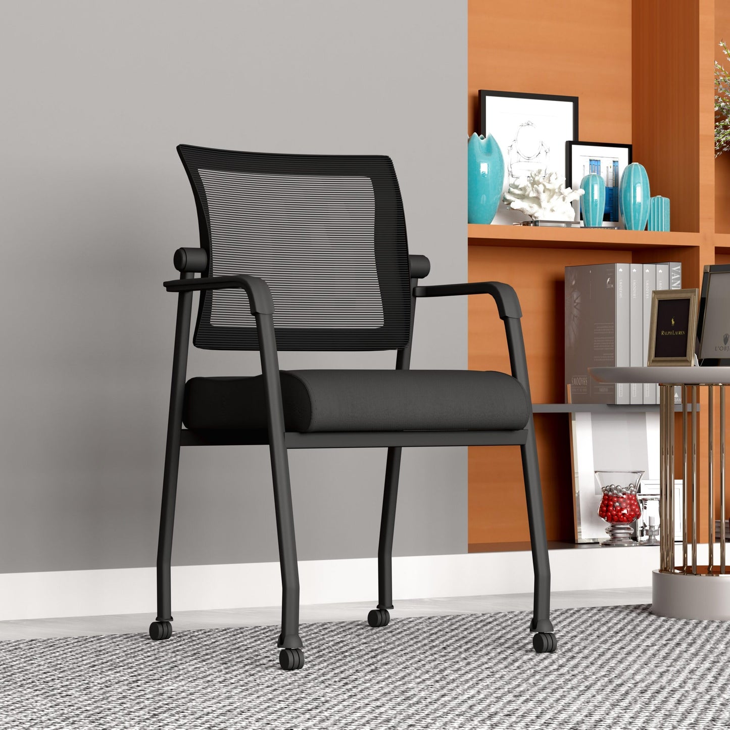 Boss Office Products Mesh 4-Legged Guest Chair with Casters in Black