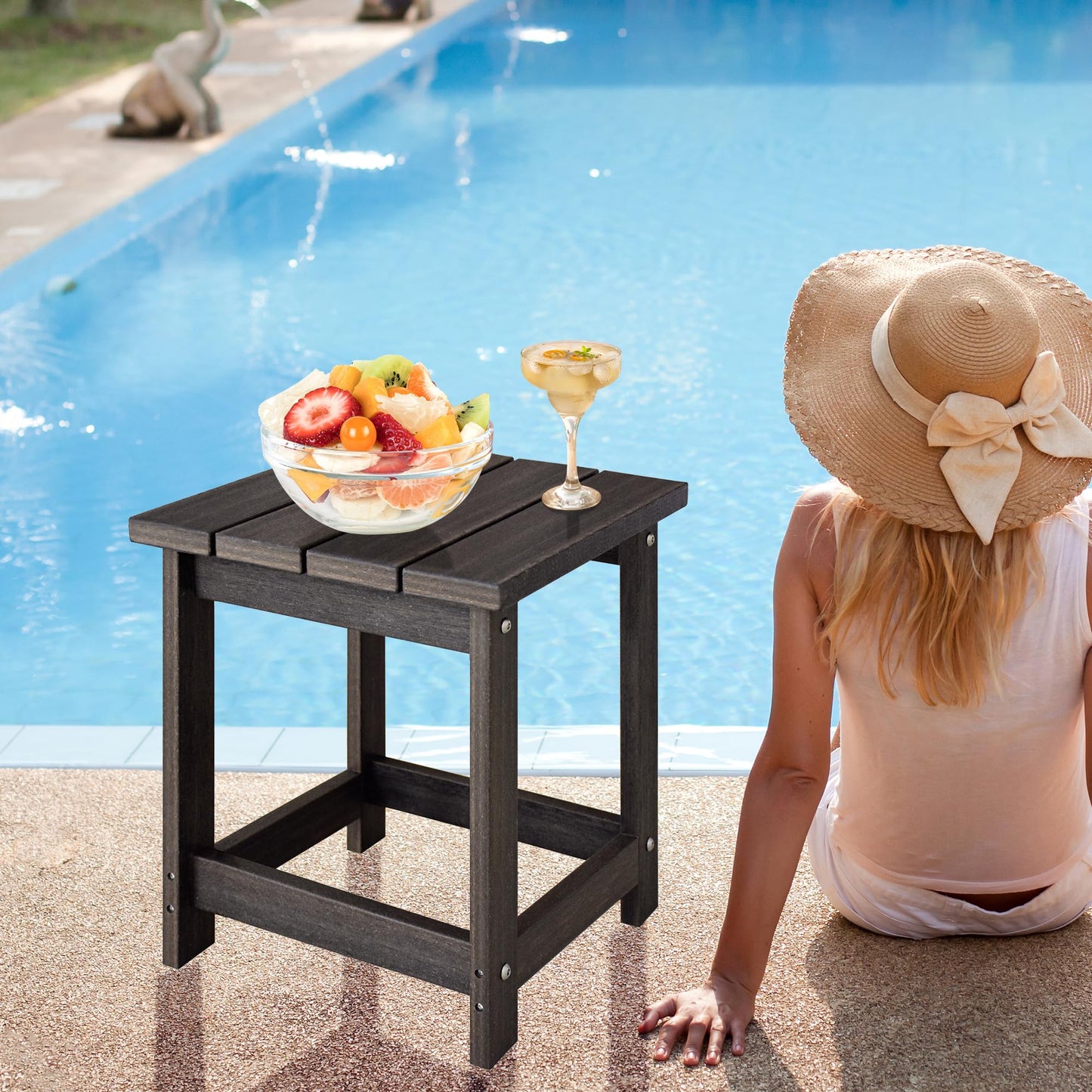 LZRS Square Patio Side Table, Heavy Duty HDPE Outdoor End Table with Wood Texture, Weatherproof Composite Table for Adirondack Chairs, Deck, Pool, Indoor/Outdoor, No Peeling or Cracking(Brown Mixture)