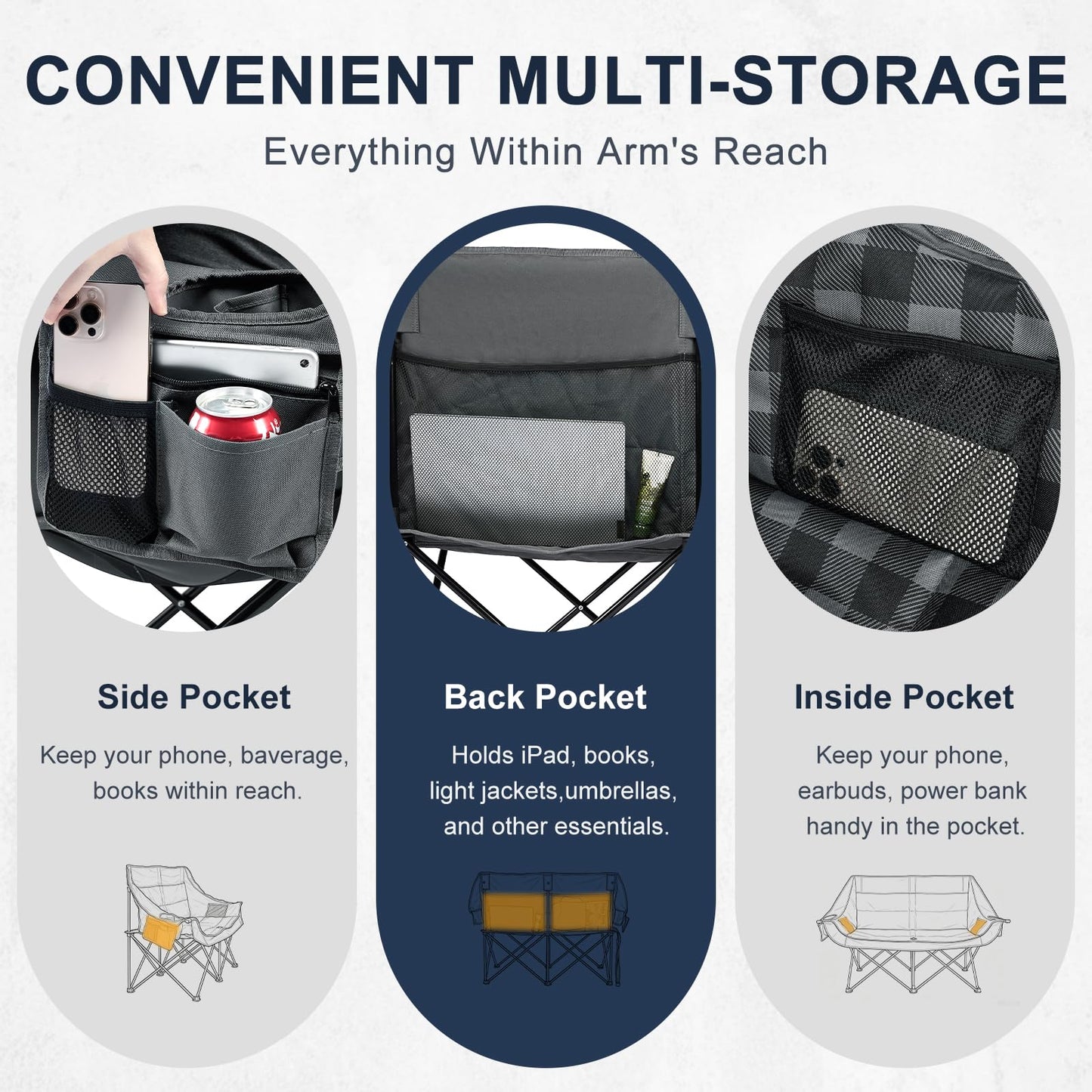 RVIEIS Double Camping Chair 2 Person Loveseat Oversized Padded Camping Couch Heavy Duty Portable Folding XL Camp Chair with Cup Holder Side Pocket for Outdoor Lawn Beach Sport Support 800LBS, Plaid