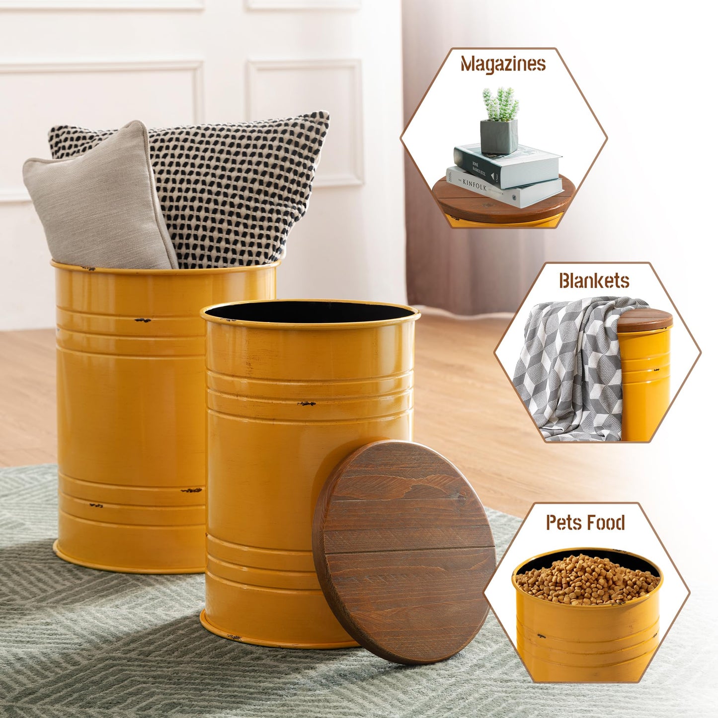Glitzhome Rustic End Table Set of 2, Farmhouse Galvanized Metal Barrel Ottoman Storage Stool with Round Wood Lid for Living Room Furniture, Yellow