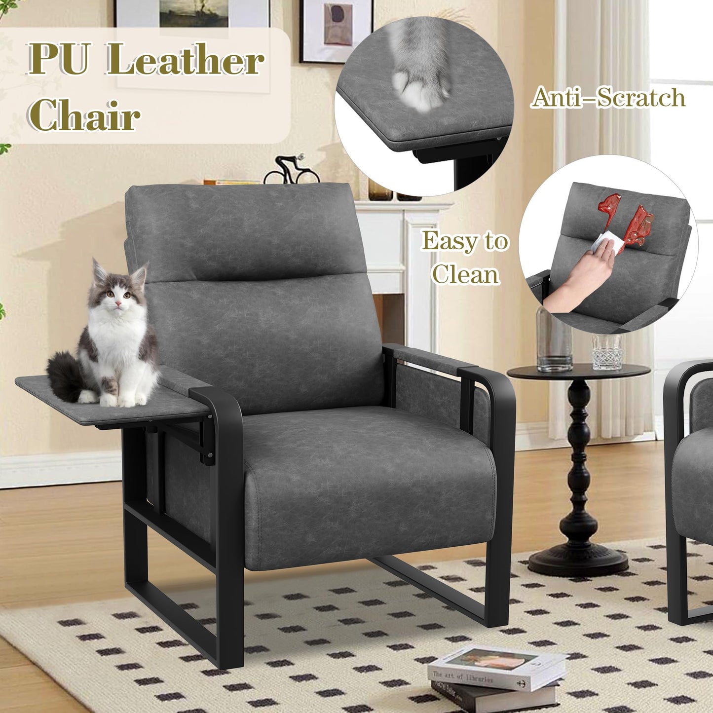 Apeaka PU Leather Accent Chair, Modern Armchair with Foldable Table Upholstered Side Chairs for Living Room Bedroom Office Chair Grey