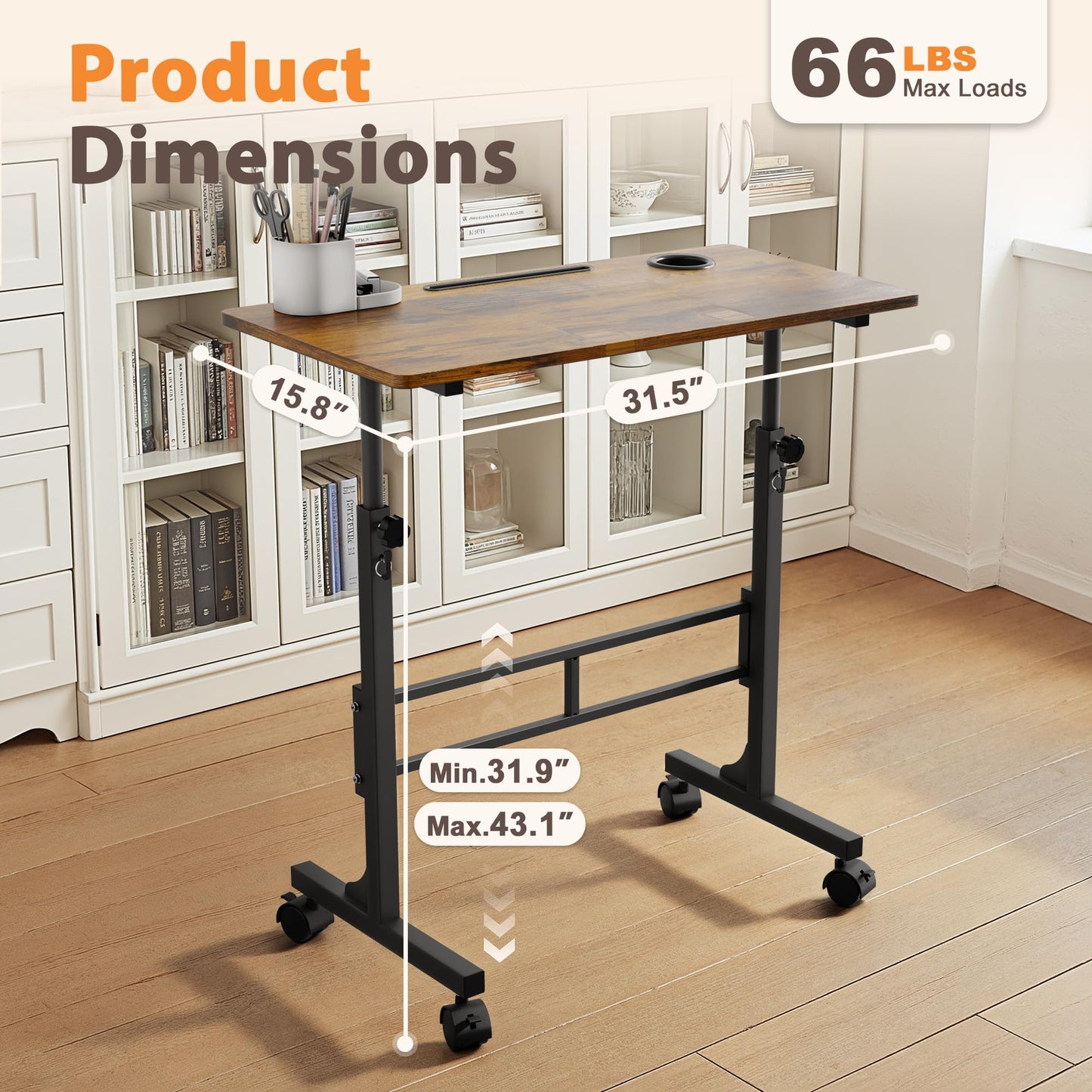 Shahoo Standing Desk Adjustable Height, Mobile Stand Up Desk with Wheels, 32 Inch Portable Rolling Desks, Computer Office Workstations for Office, Sofa, Bedroom, Rustic Brown