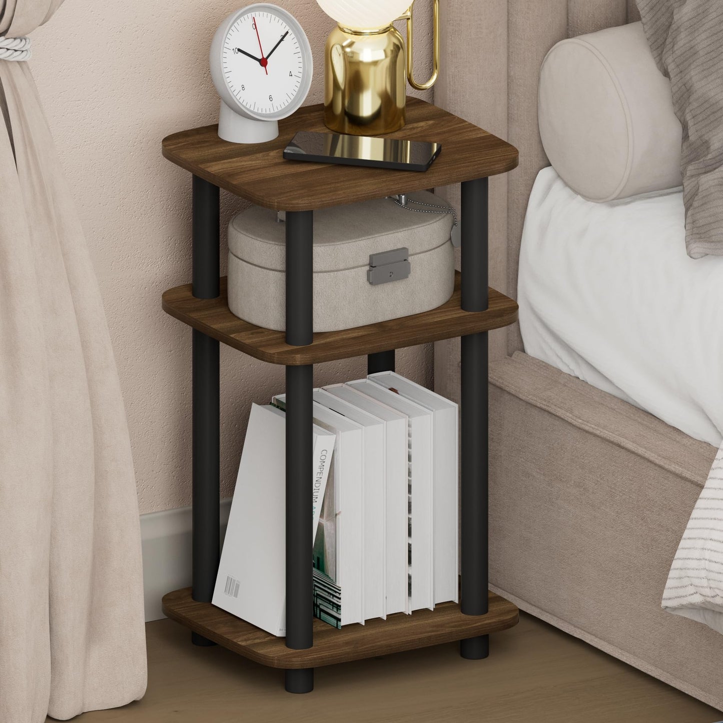 Furinno JUST Night Stand, 3-Tier Turn-N-Tube Nightstand with Open Shelf, Round Curve Corner Side Table, End Table, Easy Assembly, for Living Room, Bedroom, Columbia Walnut