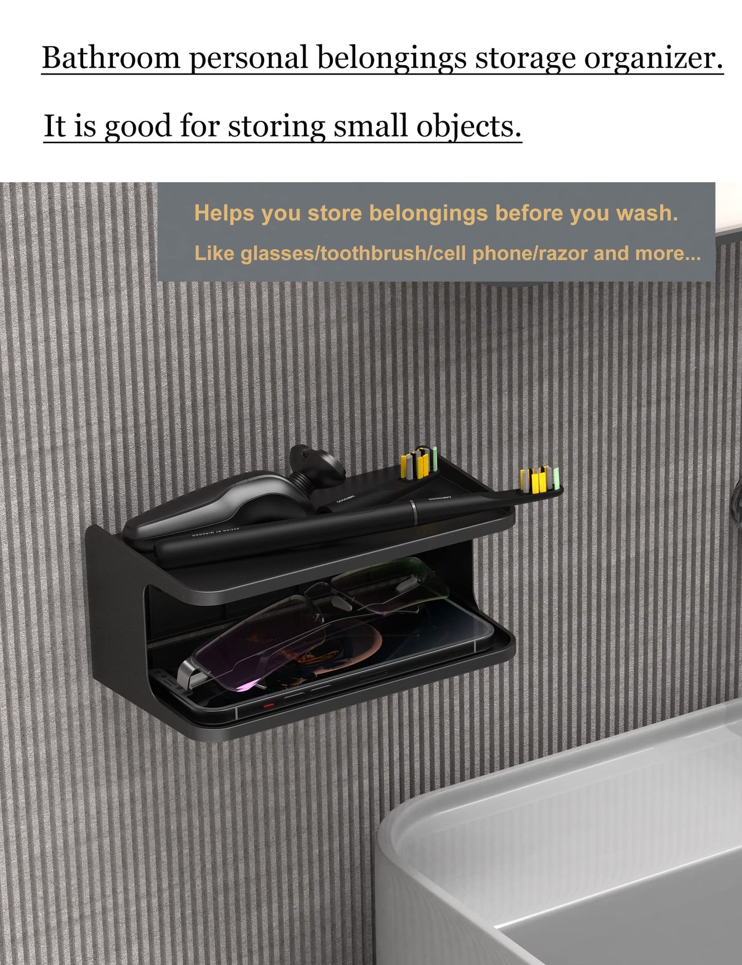 NOTMBESTM Bedside Wall Shelf Organizer Small Bedside Shelf Wall Mount for Bed Universal Stick on Wall Shelf Double Tray Holder for Storing Cellphone, Glasses, Keys, Camera, Alarm Clock (Black)