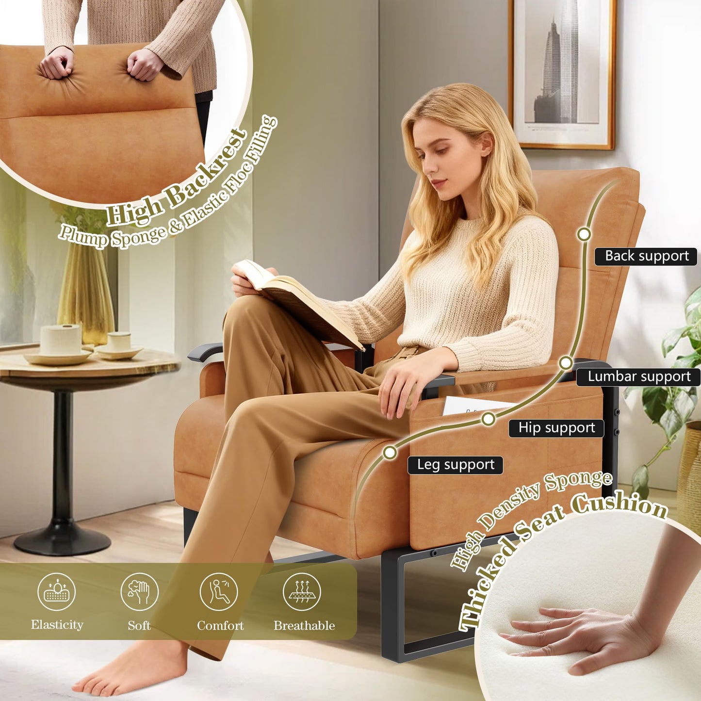 Apeaka PU Leather Accent Chair Upholstered Armchair with Side Table for Bedroom Living Room Chairs Office Club Chair Brown
