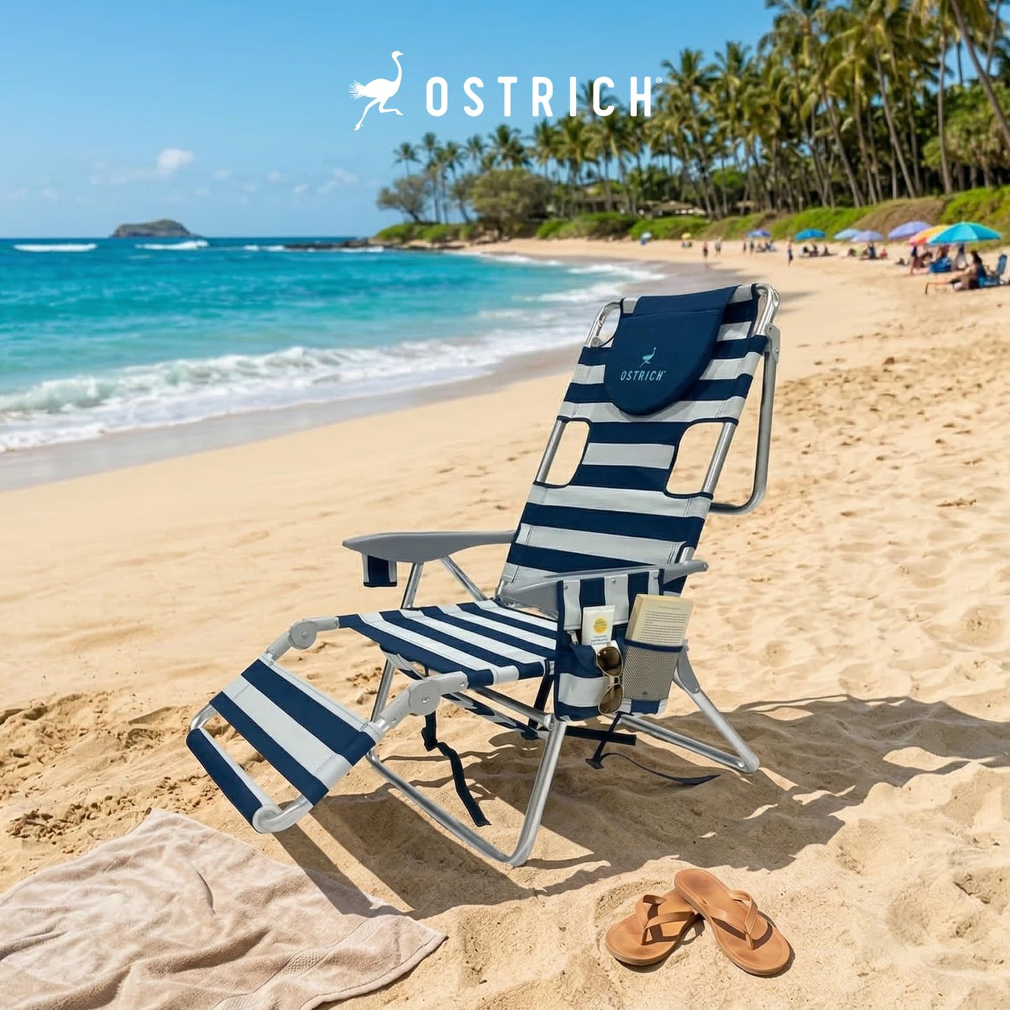 Ostrich the Backpack 3N1 Portable Chair with Cooler Bag and Reclining Lounger for Tanning, Camping, Beach, and Outdoor Essential, Blue Stripe