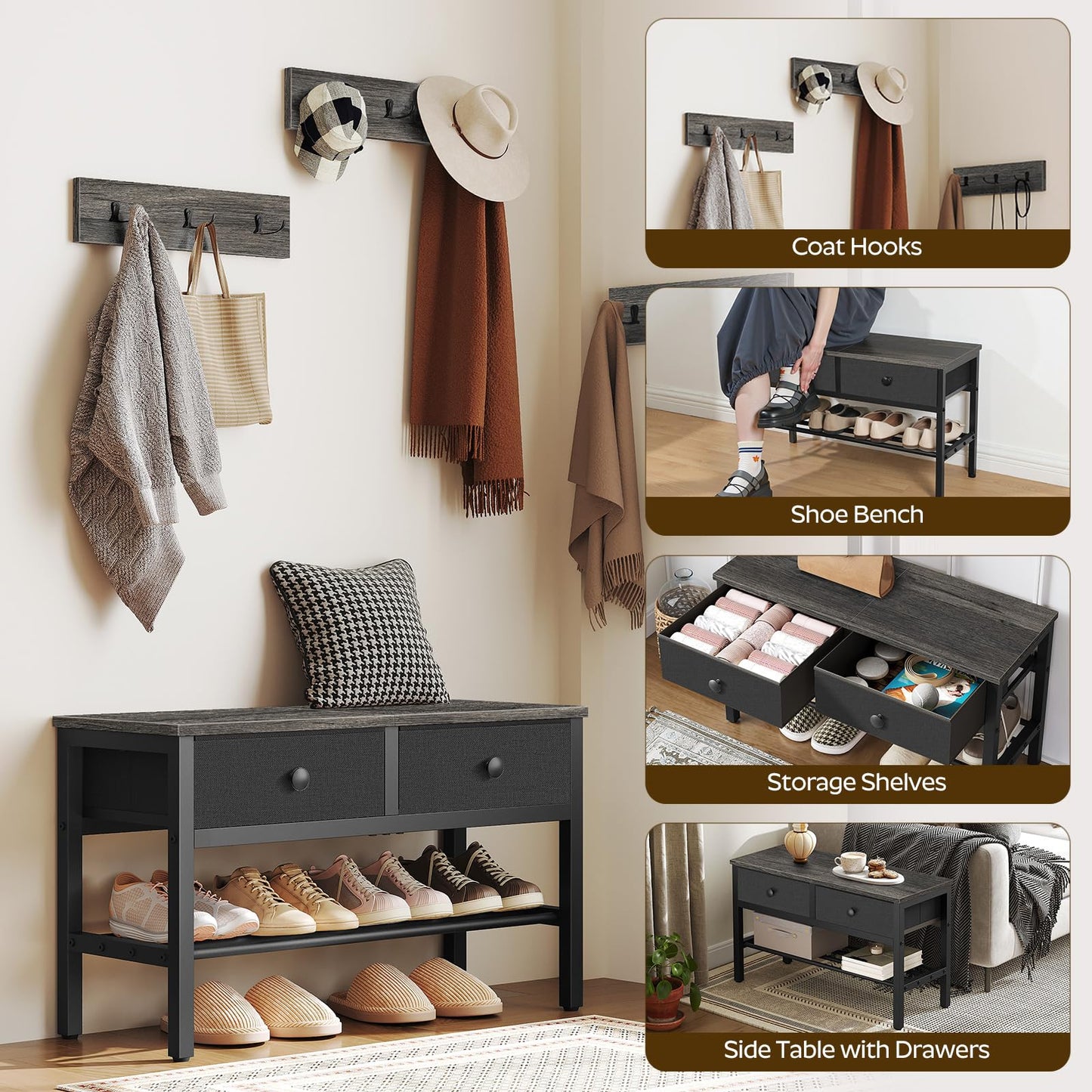YATINEY Hall Tree with Bench and Shoe Storage, Entryway Bench with Coat Rack, 4-in-1 Coat Rack Shoe Bench, Multifunctional, for Front Door, Hallway, Foyer, Charcoal Grey and Black MT05BC