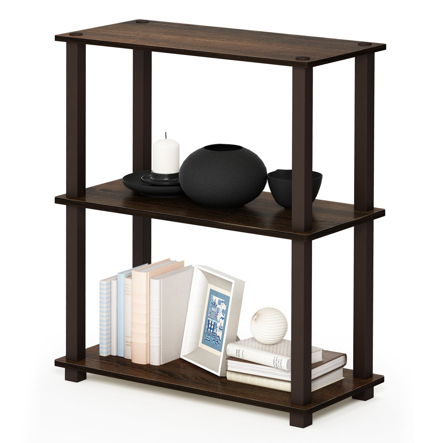Furinno TURN-S-TUBE Storage Shelves, 3-Tier Book Shelf, Corner Shelf, Toolless Open Shelves, for Organization and Storage, Living Room, Garage, Home Office, Walnut