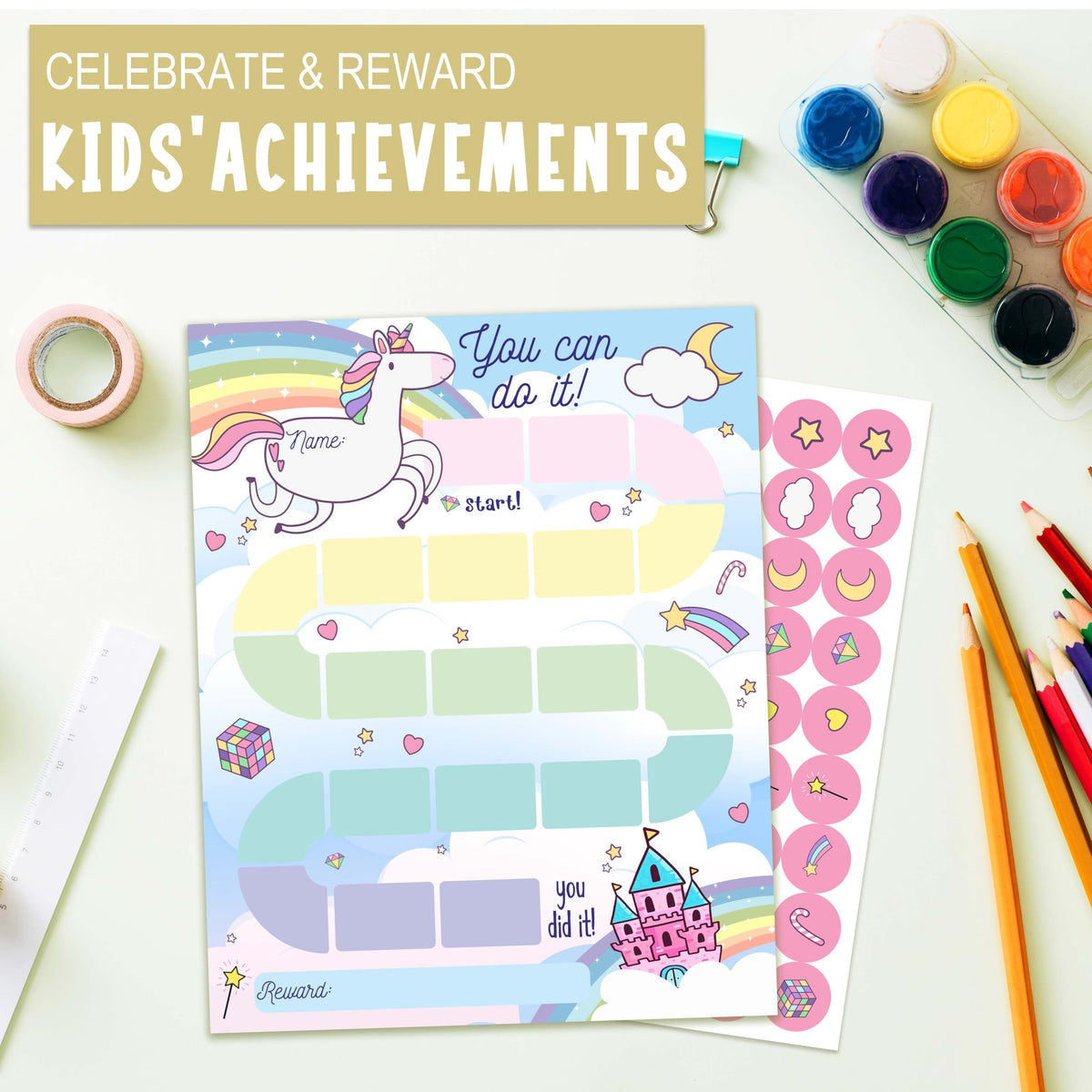10 Unicorn Reward Chart with 216 Round Stickers, Incentive Behavior Chart for Kids at Home Classroom, Kids Routine Daily Chore Sticker Chart-A01