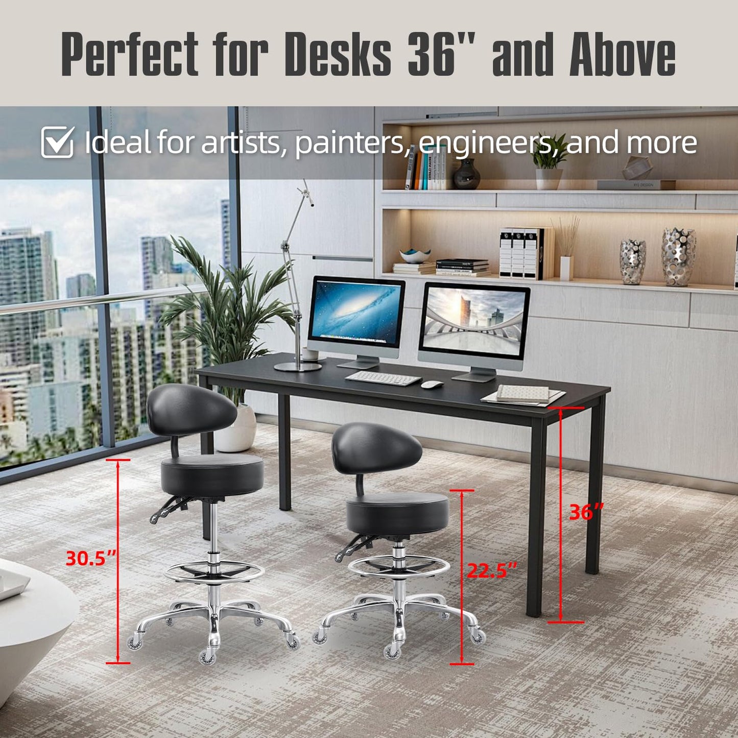 Grace&Grace Drafting Chair Big Cushion Rolling Stool with Back, Tall Shop Stool Rolling Chair with Footrest for Studio, Workshop, Classroom, Lab, Counter, Home Office (Black)