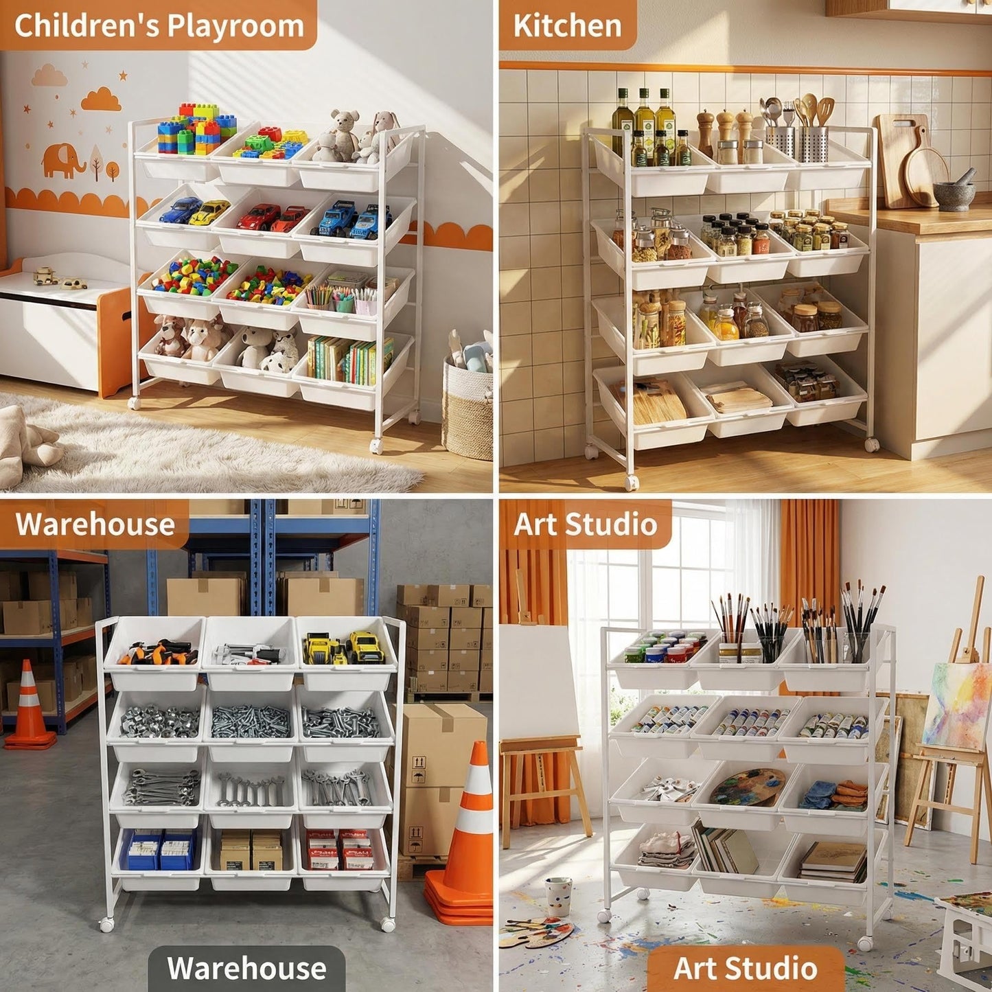 PureBox 4-Tier 3-Row Kids Toy Storage Organizer with 12 Rolling Plastic Bins, Mobile Utility Cart Bookshelf Cabinet for Playroom, Bedroom, and Classroom, Easy-Glide Bins for Quick Cleanup