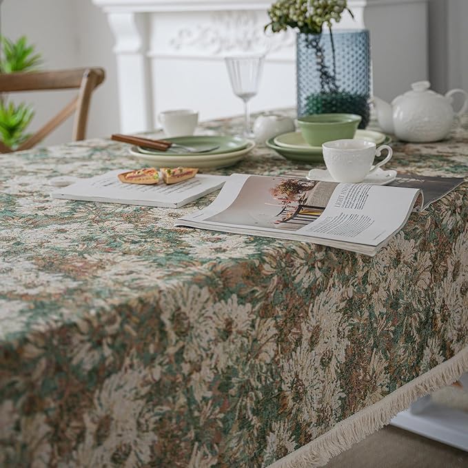 VClife Aesthetic Green and Beige Floral Table Cloth, Linen Texture Table Cloth