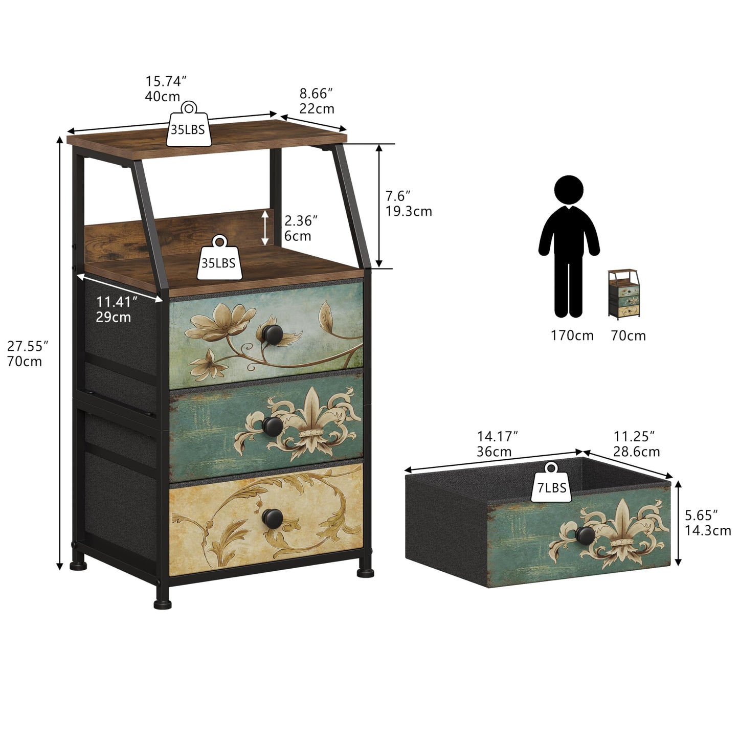 Tohomeor Dresser with Fabric Drawers Nightstand with 2 Tier Shelf Storage Tower for Bedroom Hallway Entryway Closet Organizer Sofa Beside Table Furniture (Multi, 3 Drawers)