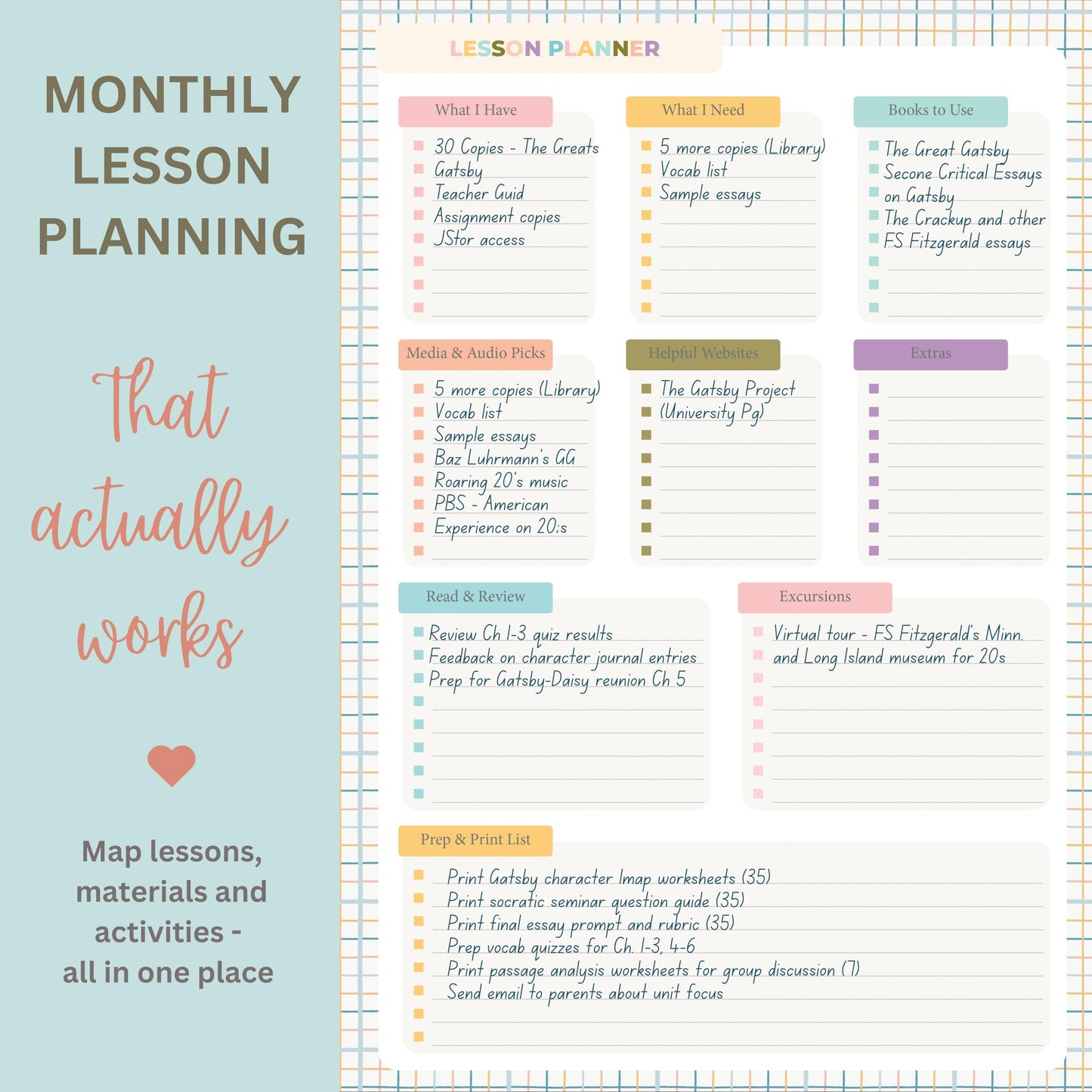 Undated Teacher Planner 8.5 x 11-12 Months & 52 Weeks | Colorful School Supplies Cover | Monthly & Weekly Lesson Plan Book with Stickers, Storage Pocket & Snap-In Bookmark | Classroom Organizer