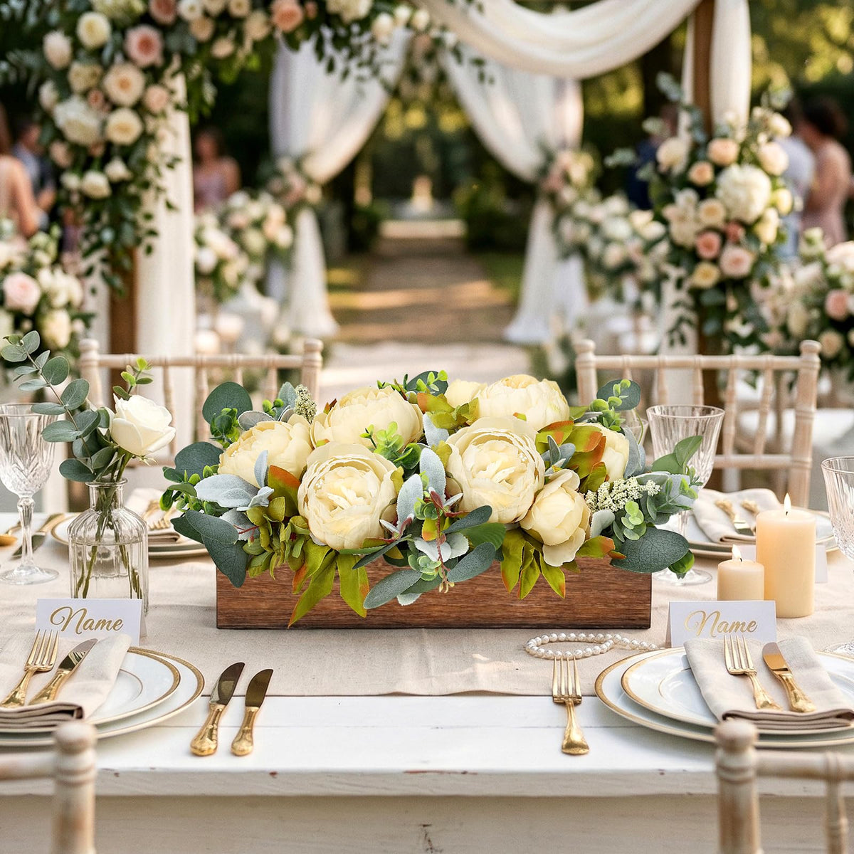 Scawim Flower Table Centerpieces for Dining Room, Summer Artificial Peony Table Centerpieces Wood Tray with Fake Flowers for Wedding Living Room Party Bar Kitchen Table(Champagne)