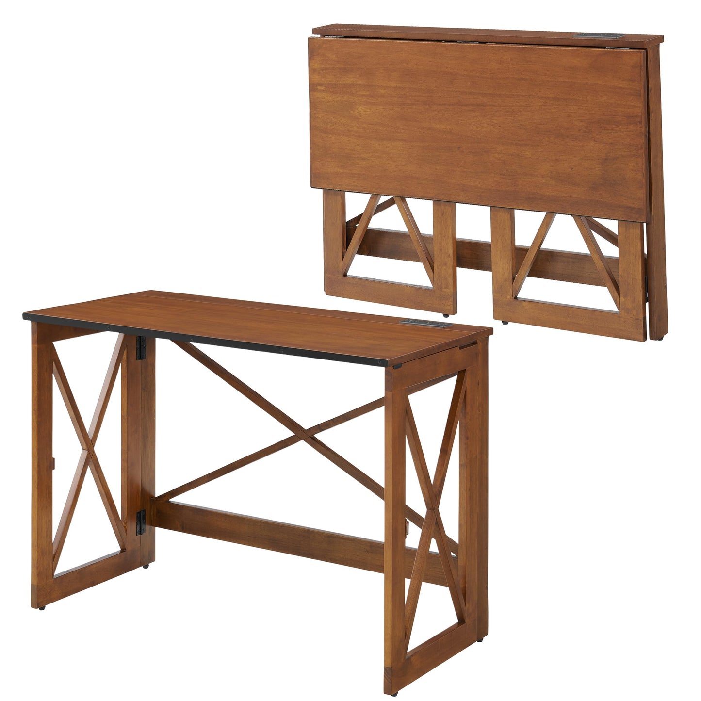 MECO Stakmore 110 Volt Stylish Versatile Expandable Folding Desk with Built in Outlets for Home Office, Den, or Living Room, Fruitwood