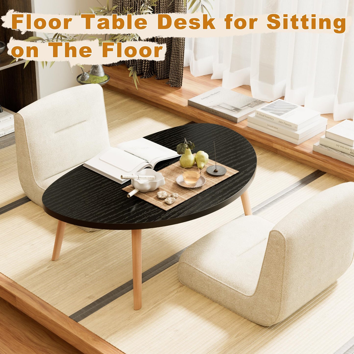 Coffee Table, 31.5“ Low Coffee Tables with Solid Wood Legs, Floor Table Desk for Sitting on The Floor, Easy Assembly Small Japanese Coffee Table for Living Room, Apartment, Office (Large Tri Black)
