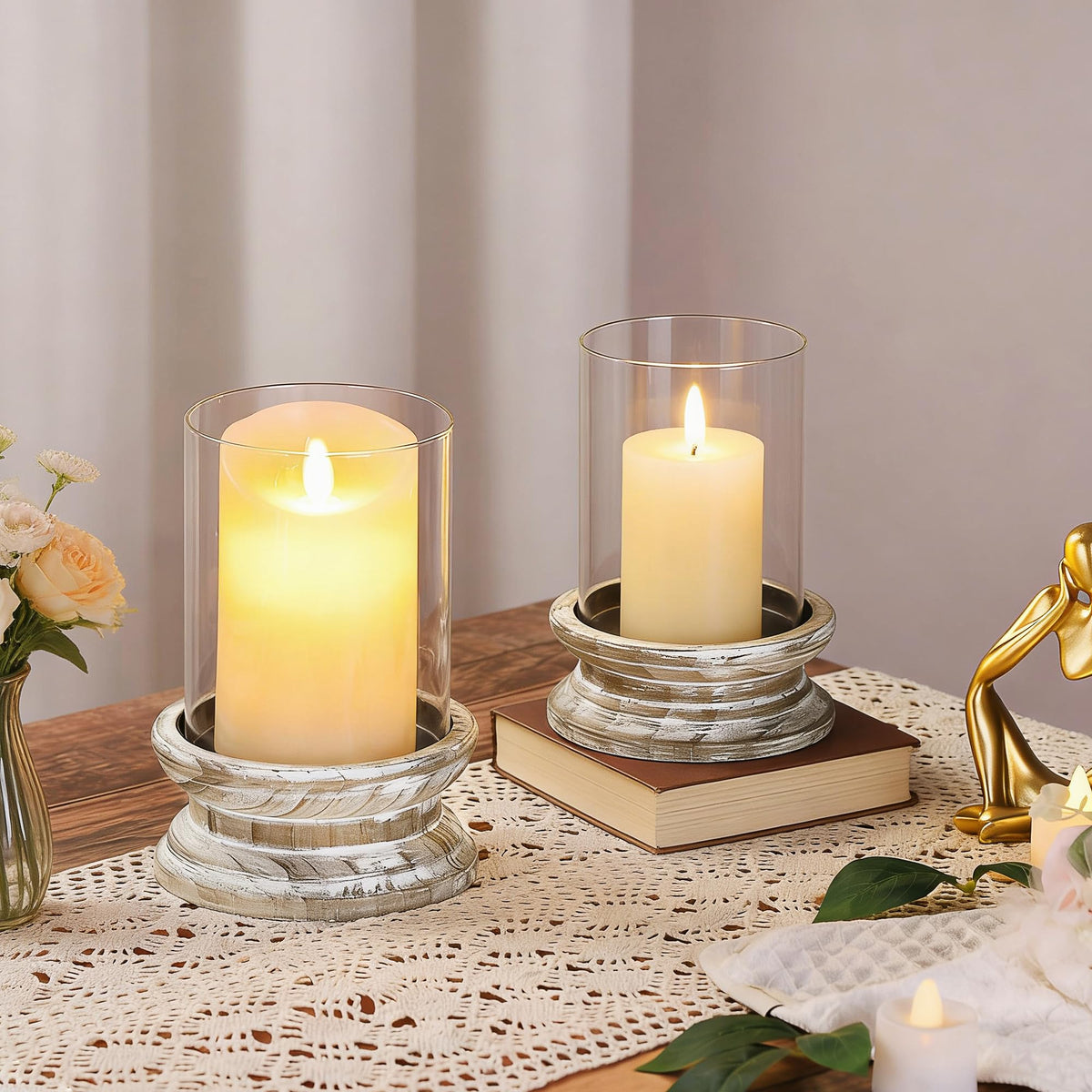 Set of 2 Glass Hurricane Candle Holders for Pillars with Florence Style Solid Wooden Base Crafted from Pine in Distressed Brown, Farmhouse Candlestick Holder, Centerpiece for Home, Table, Mantel