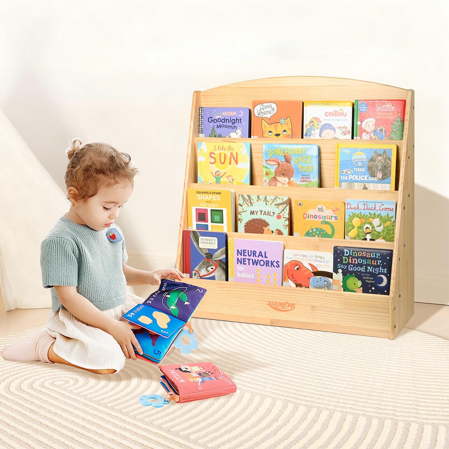 suureks Montessori Bookshelf, 4 Tier Kids Bookshelf – Safe, Sturdy, and Easy to Clean, Premium Wooden Book Shelf for Kids Rooms, Playroom, Classroom, Nursery（31-1/2" D x 11-4/5" W x 31-1/2" H）