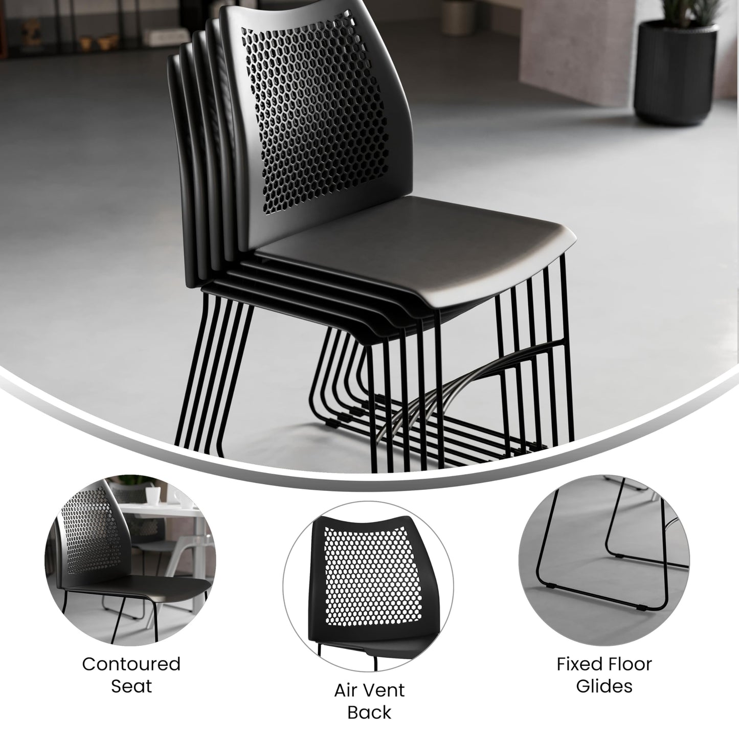 Flash Furniture Hercules Series Contoured Lobby Chairs with Air-Vent Honeycomb Backs, Ergonomic Stacking Chairs for Offices, Set of 5, Black
