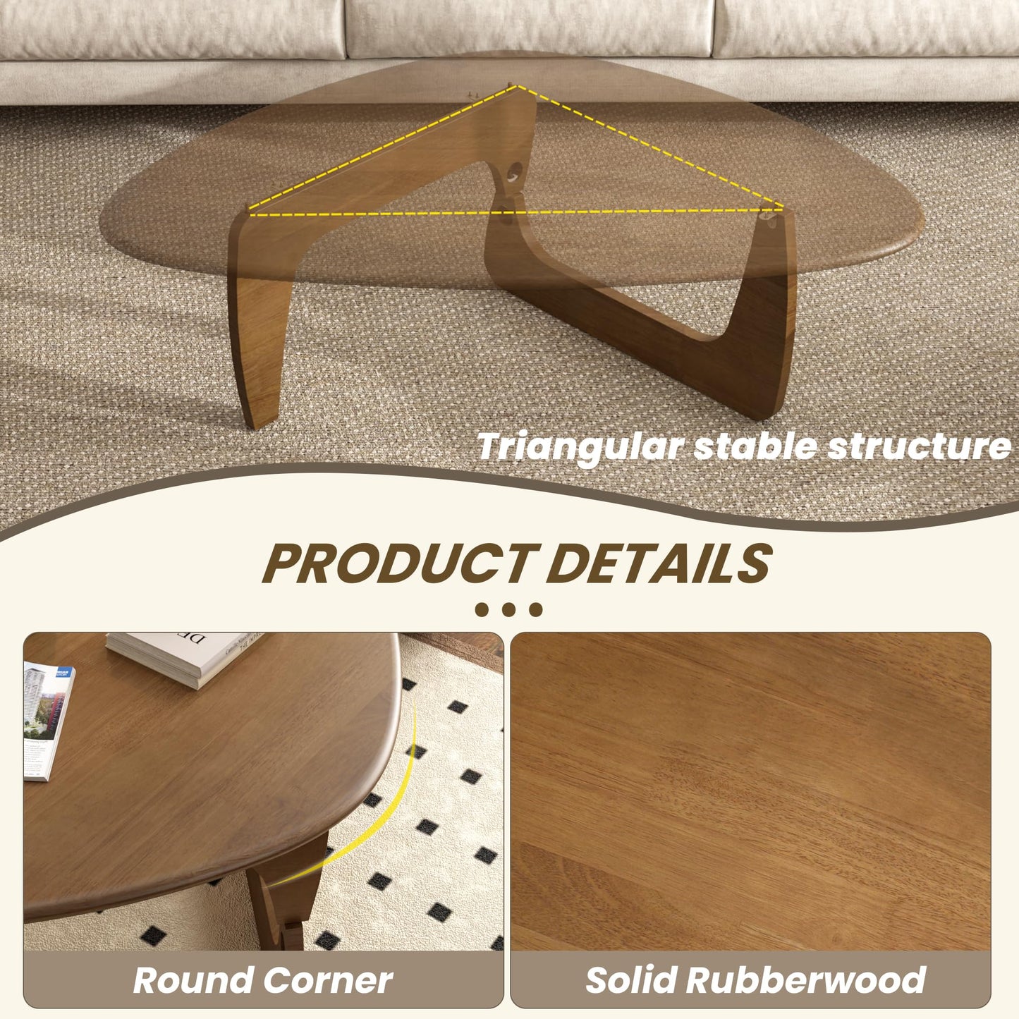 Mid Century Modern Coffee Table, Solid Wood Triangle Coffee Table for Living Room, Modern Tea Table for Home, Walnut, 35.4x23.6x16.5