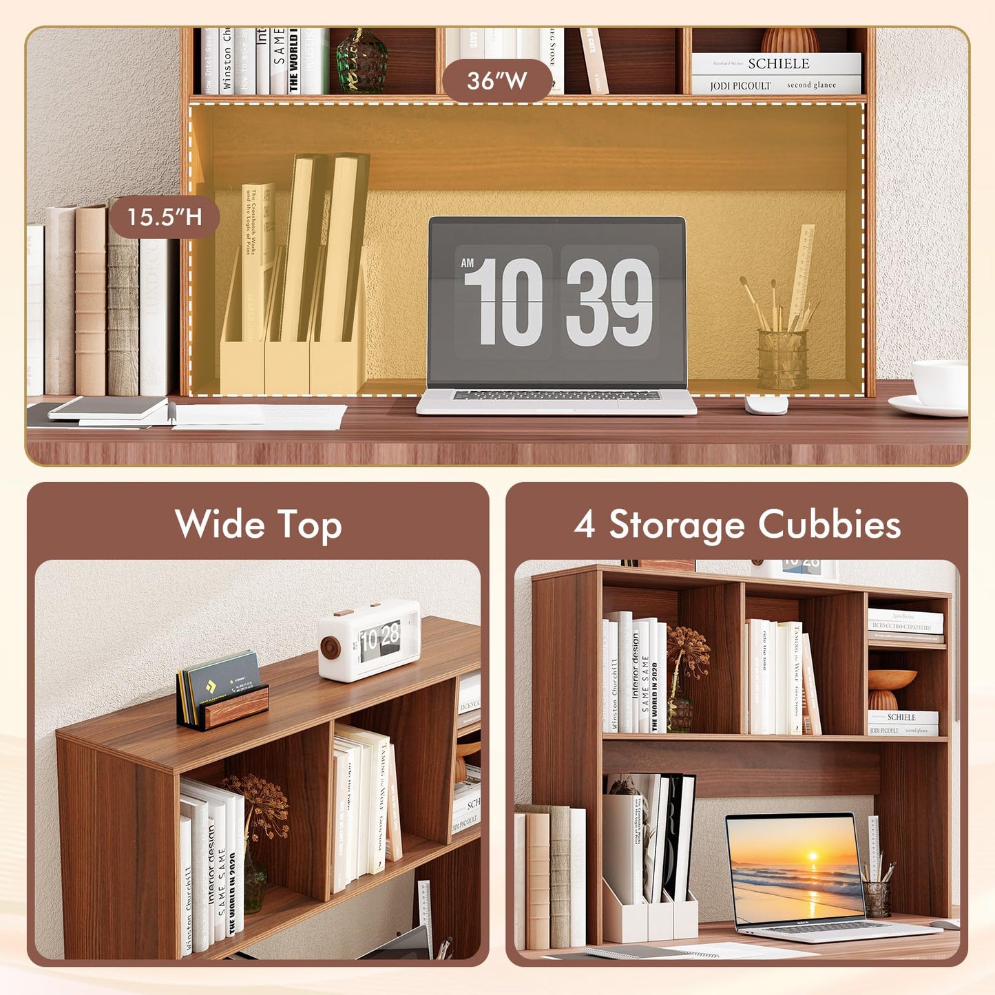 Tangkula Desktop Bookshelf, Countertop Storage Hutch with 4 Shelves for Computer Desk, Desktop 2-Tier Display Rack, Multipurpose Wood Desk Hutch Storage Organizer for Dorm Office Home (Walnut)