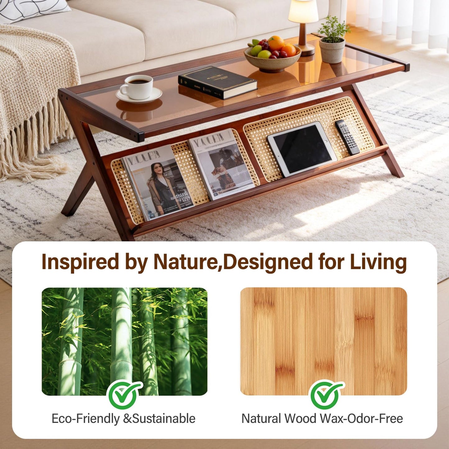 Tiita Rattan Coffee Table, Bamboo Accent Bedside Tables, Glass Nightstand Side Table, Boho Wooden End Table with Storage for Living Room,Living Room, Dining Room, Tea, Home Décor