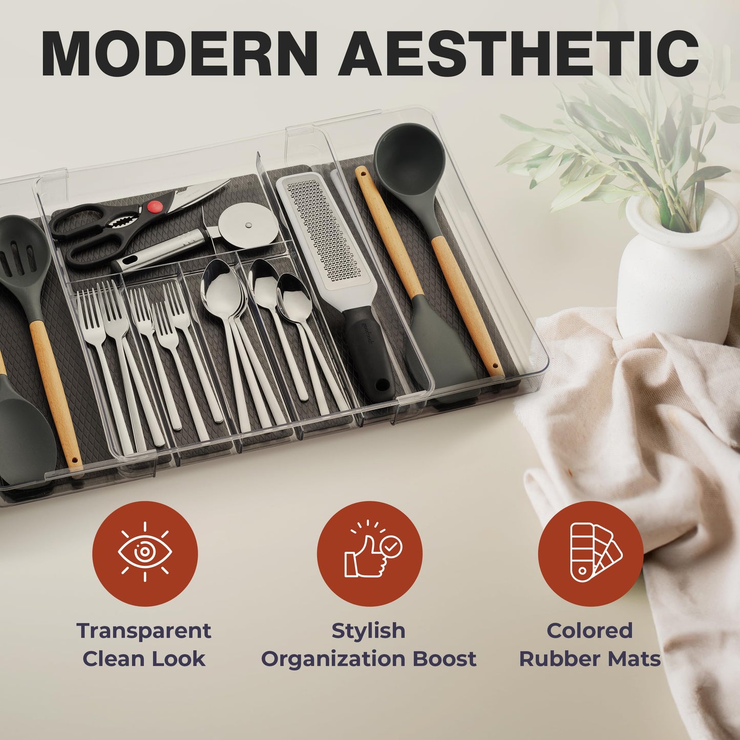 Masirs Expandable Utensil Drawer Organizer - BPA-Free Plastic Clear Silverware Tray with Multiple Compartments - Non-Slip Cutlery Storage for Kitchen, Bathroom, or Office Drawers (Black)