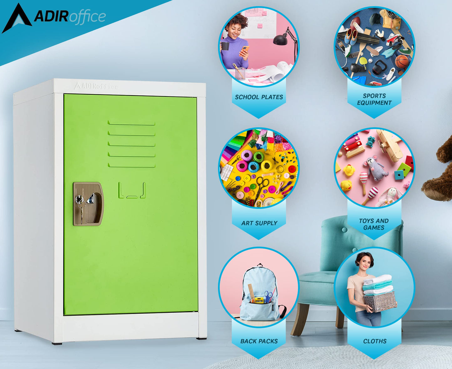 AdirOffice Kids Storage Locker Organizer - Metal Storage Cabinet with Key & Hanging Rods - Ideal for Toy Storage Box & School Lockable Storage Cabinet- (24 in 1 Door, Green)