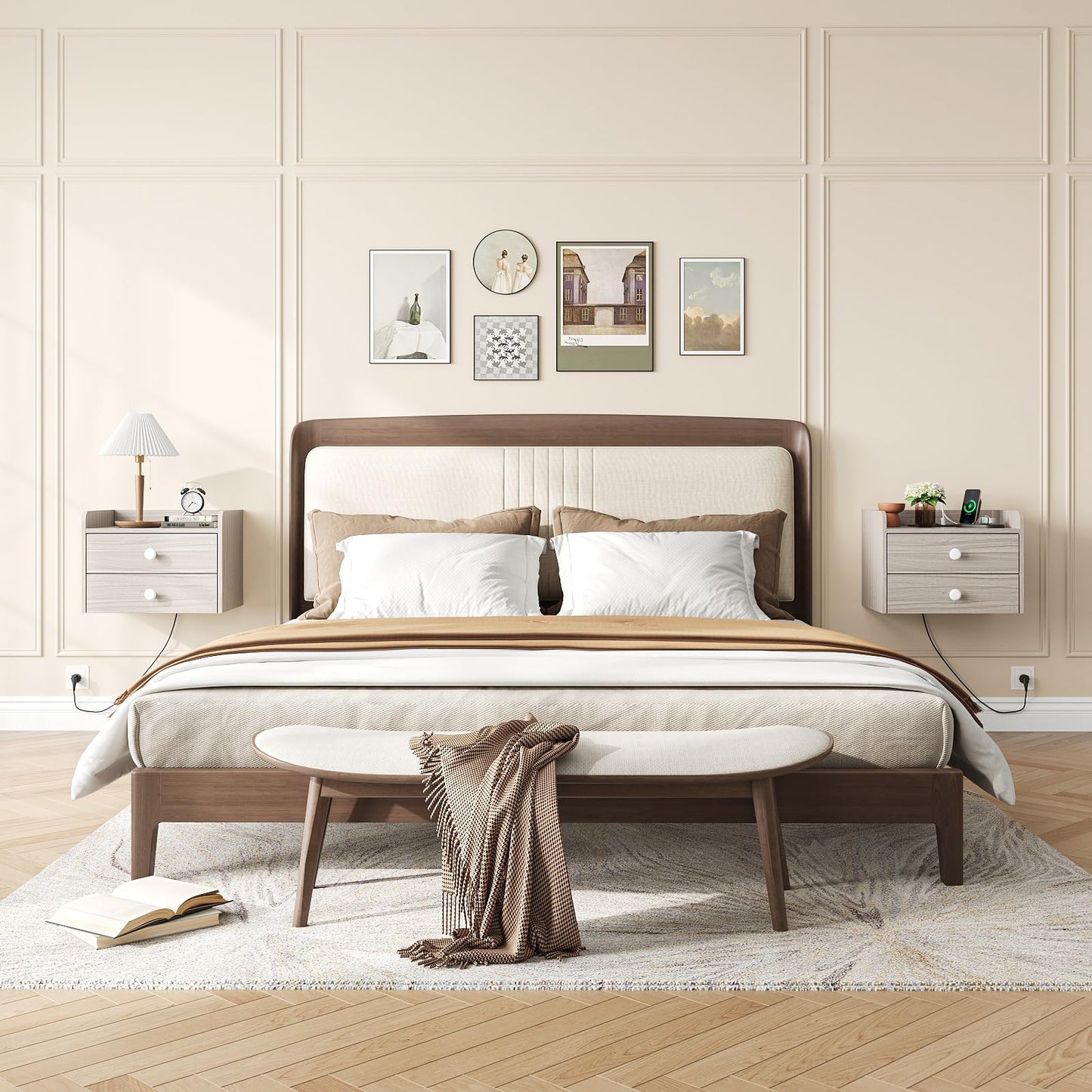 Vabches Floating Nightstand Set of 2 with 2 Storage Drawers and Charging Station Wood Wall Mounted Bedside End Table Modern Night Stands Set 2 for Bedroom,Small Space,Grey