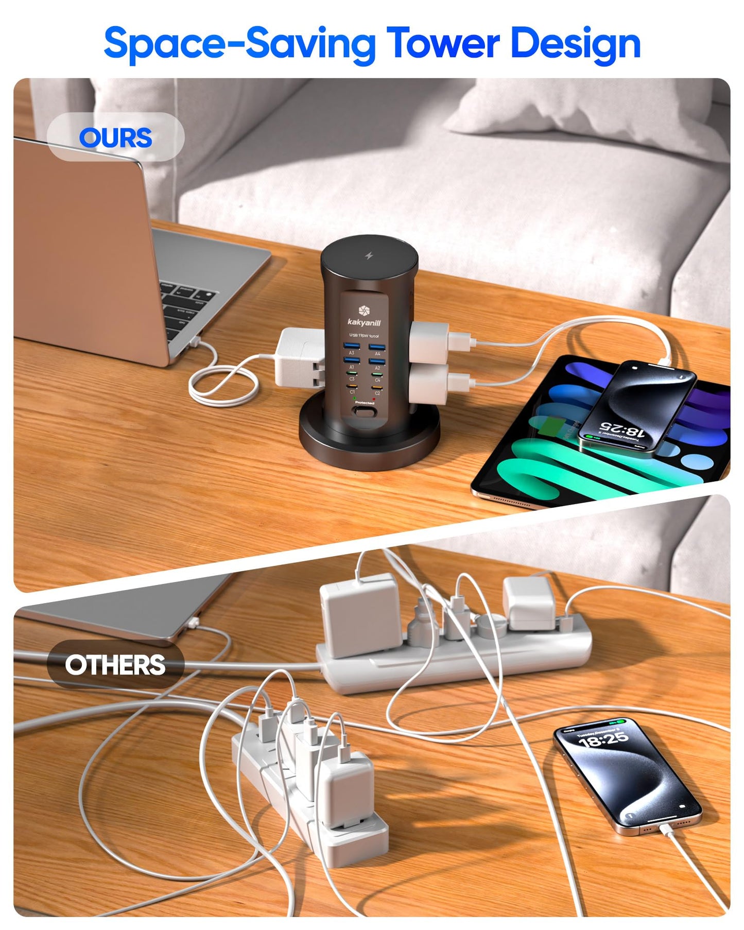 Power Strip Tower, PD 65W USB Charging Tower, kakyanill Surge Protector Tower 9 AC Outlets 8 USB (4 USB C), 6 Ft Retractable Extension Cord, Charging Station for Office Dorm Room, Black