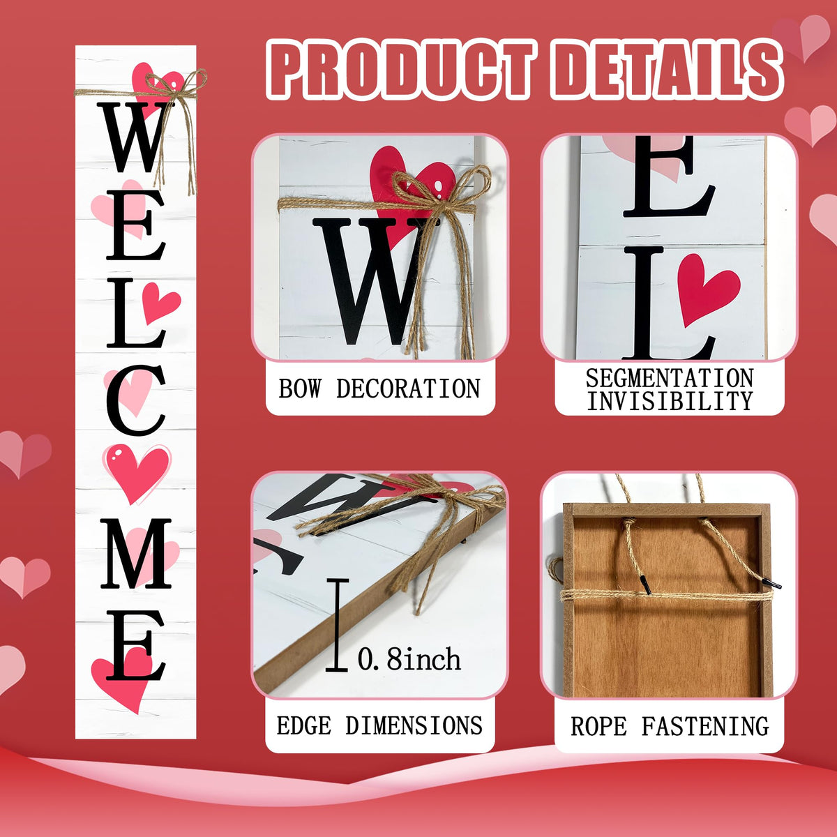Valentine's Day Wooden Porch Sign 47" Spring Large Welcome Porch Sign for Home Front Door Yard Couple Party Decor (Red)