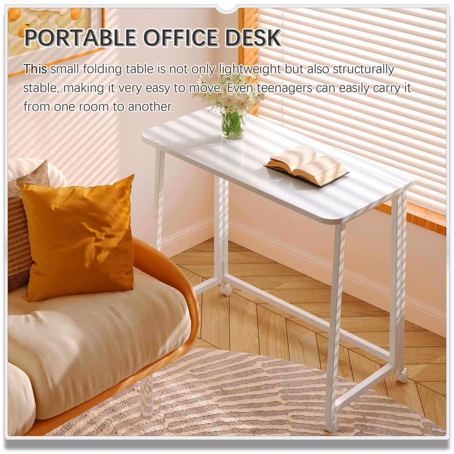 4NM 31.5" Mobile Small Folding Desk, Foldable Rolling Computer Home Office Desk, Study Writing Table for Small Space Saving Bedroom, with Wheels - All White