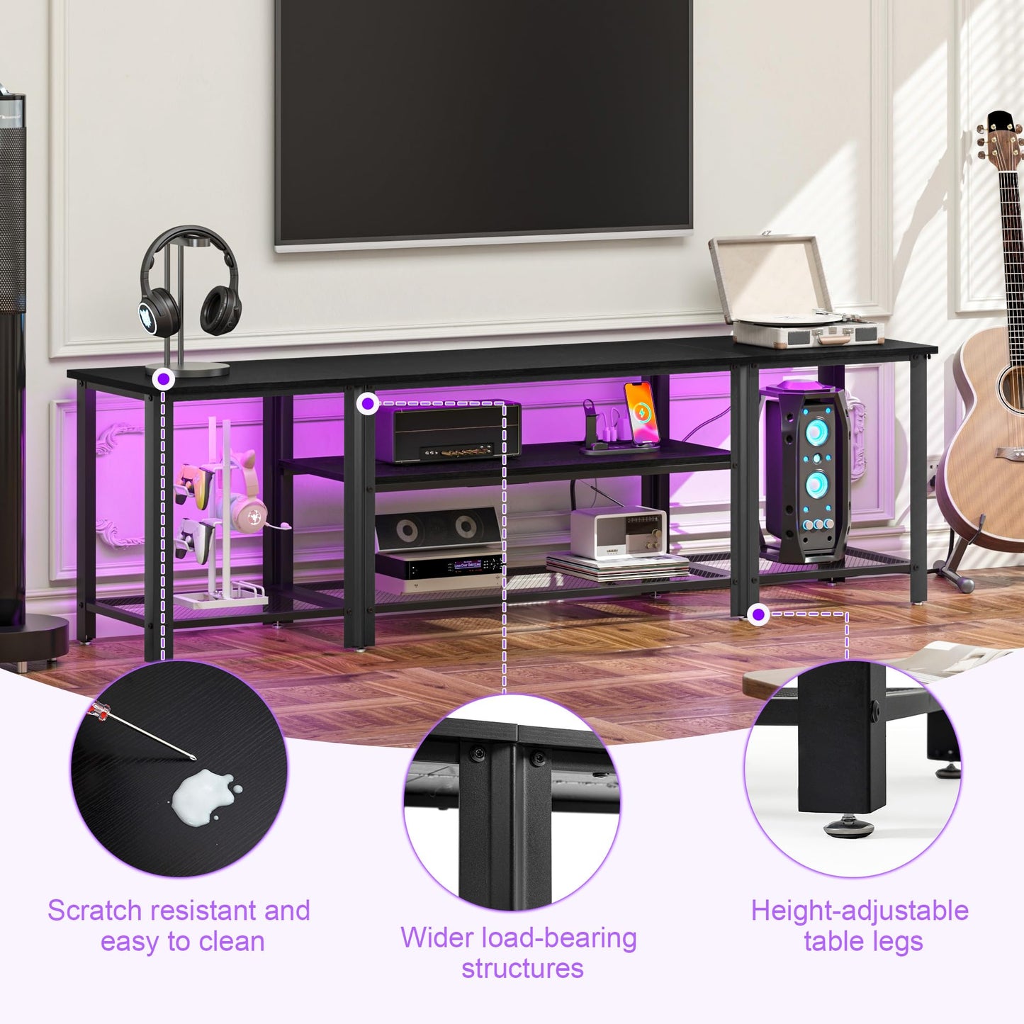 WelFurGeer Industrial Metal TV Stands with RGB LED Lights & Built-in Power Outlets - Modern TV Entertainment Center for Living Room, Open Grid Design TV Console with Storage (Black)