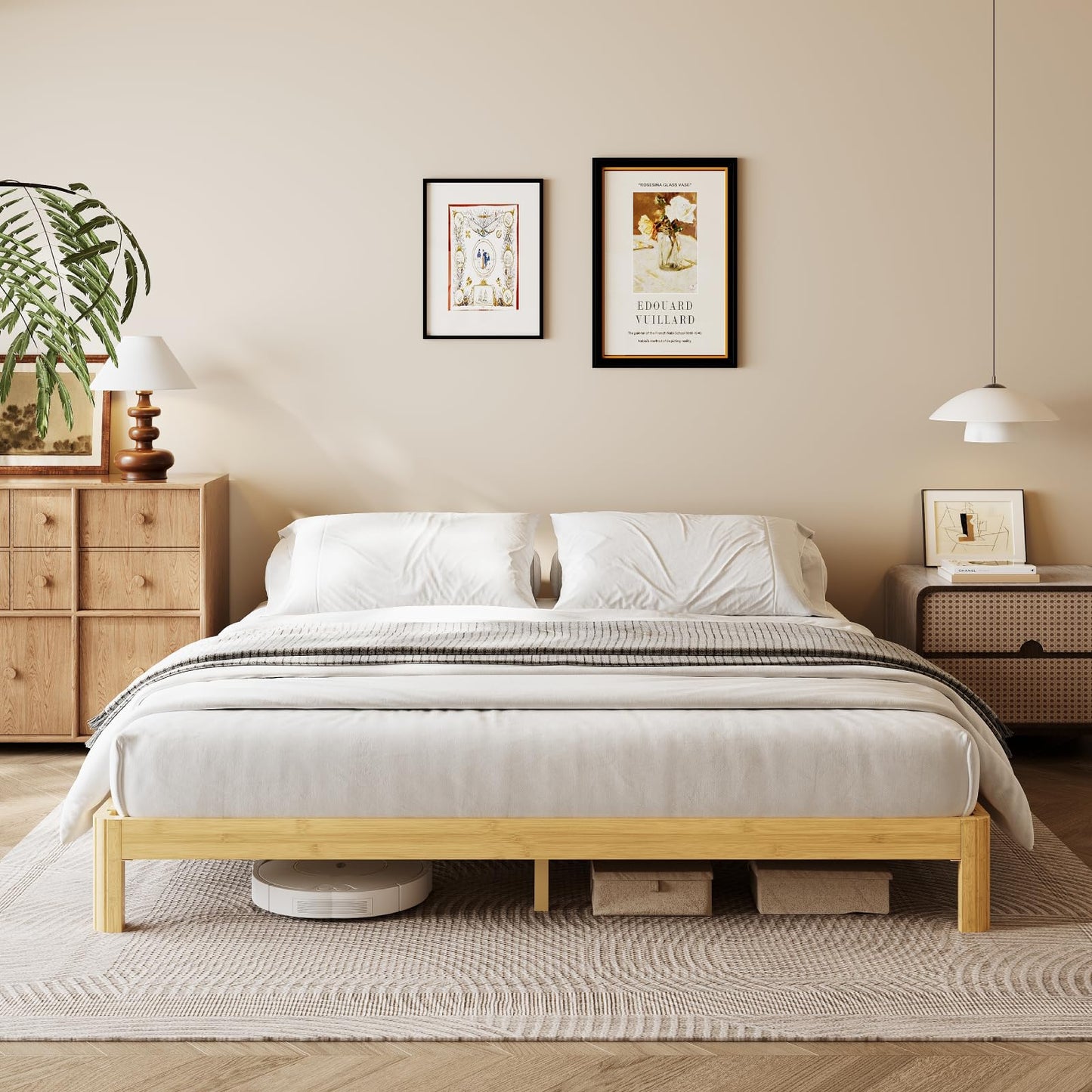 COMASACH 10 Inch King Wood Platform Bed，Mid-Century Wood Bed Frame King Size, No Box Spring Needed, Natural Finish, Easy Assembly