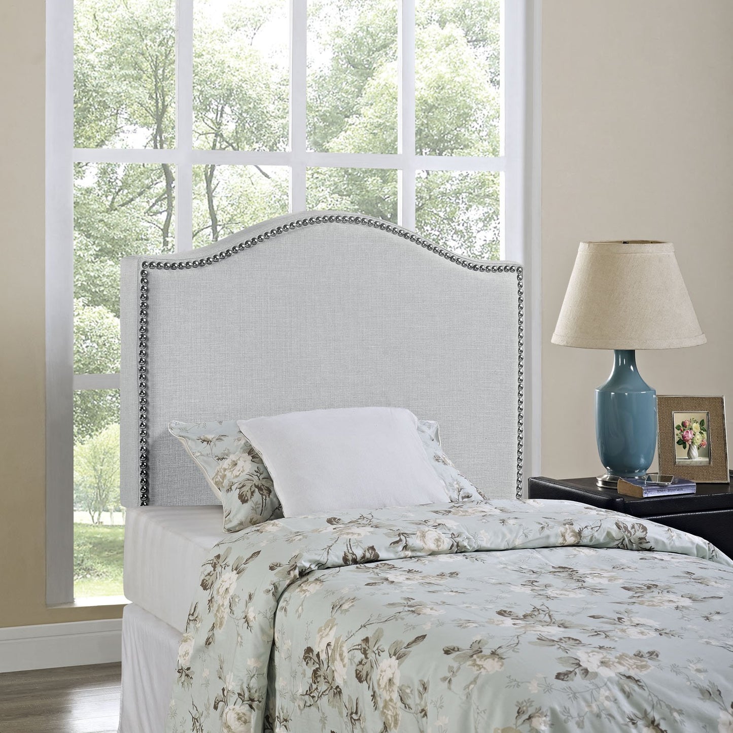 Modway Curl Linen Fabric Upholstered Twin Headboard with Nailhead Trim and Curved Shape in Gray,MOD-5209-GRY,Sky Gray