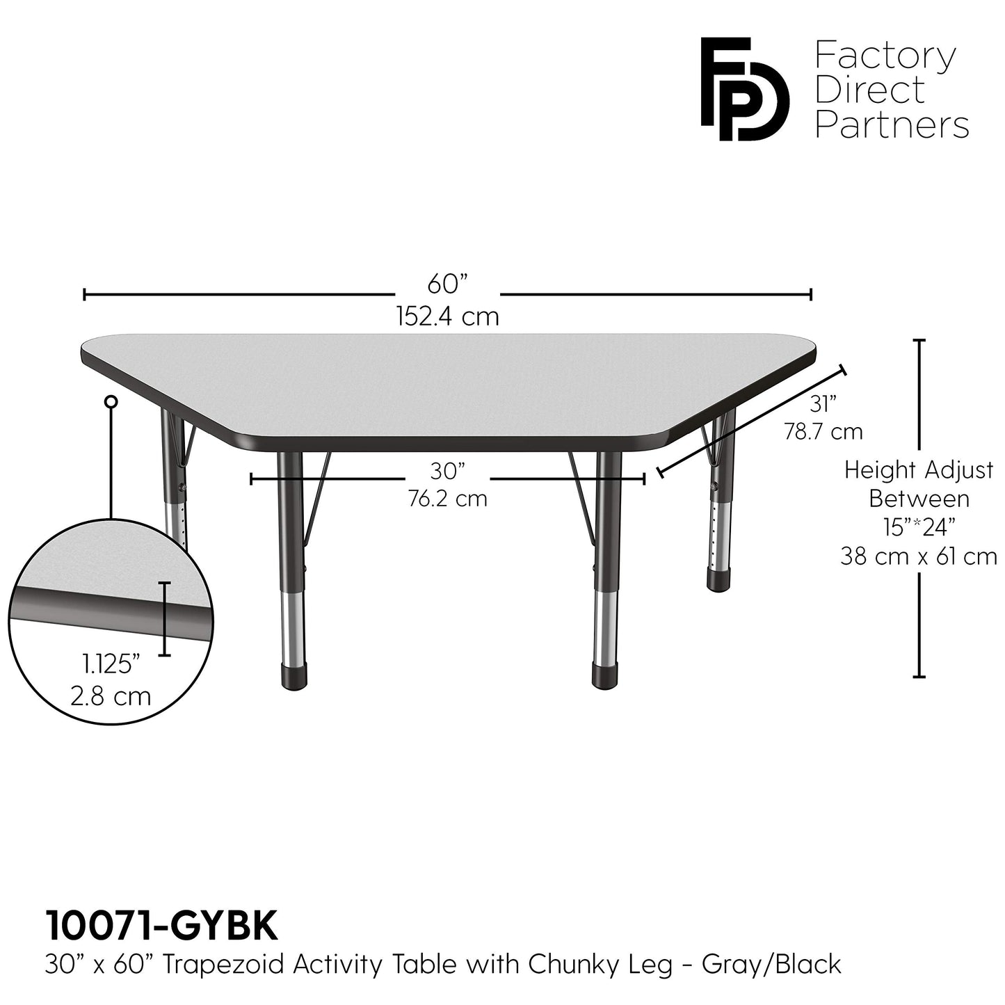FDP Trapezoid Activity School and Classroom Kids Table (30 x 60 inch), Chunky Toddler Legs for Collaborative Seating Environments, Adjustable Height 15-24 inches - Gray Top and Black Edge