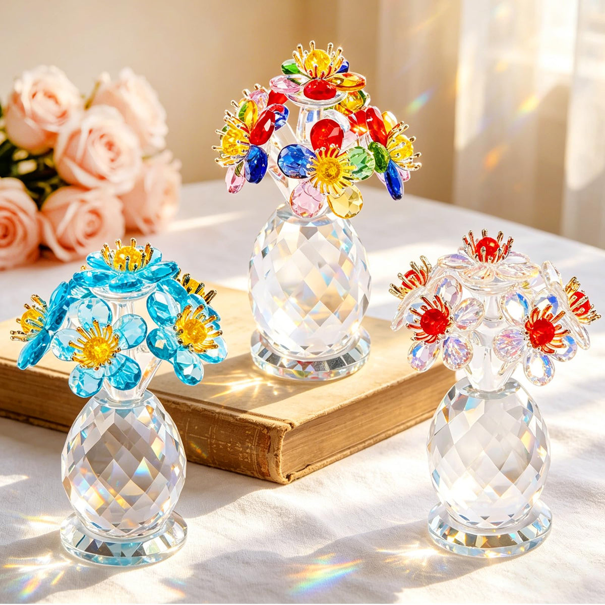 Anxingo Crystal Flower Figurine, Handmade Eternal Glass Flower (AB Color)