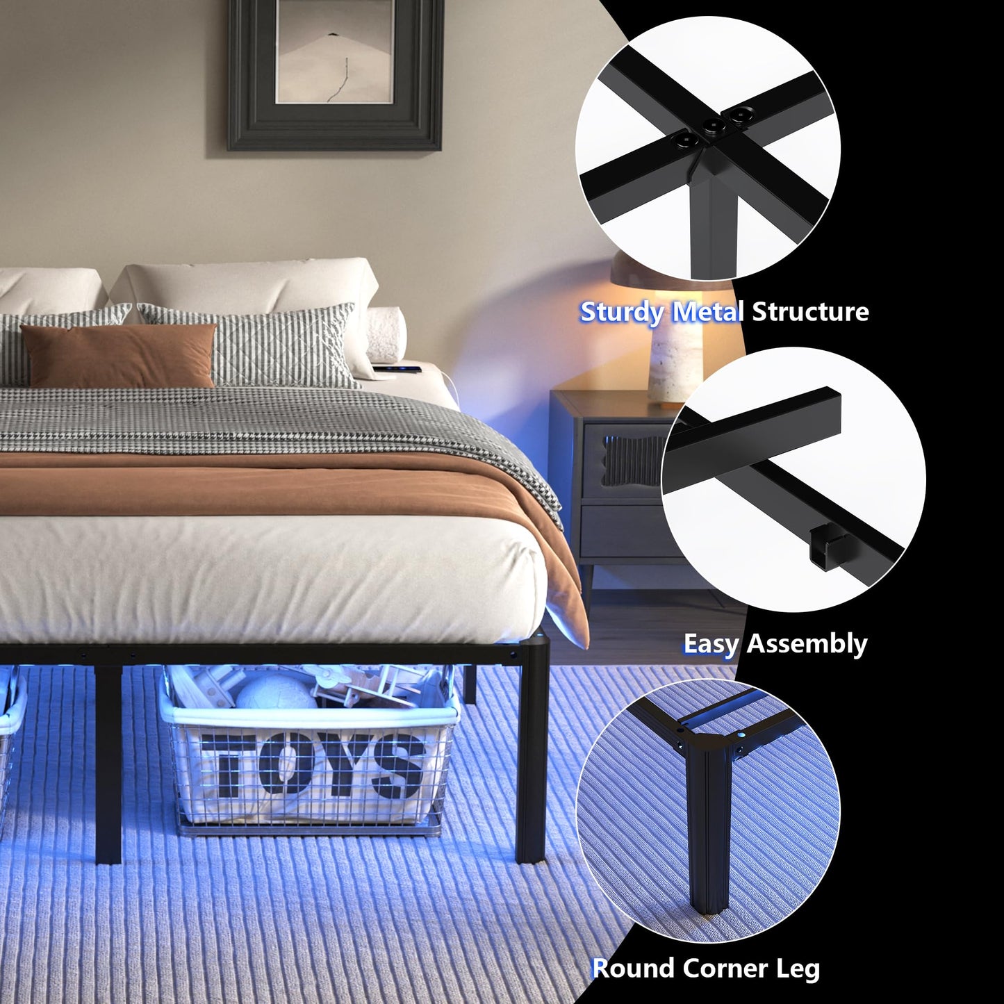 DORITRON Full Size Bed Frame with Led Lights, 14 inch Heavy Duty Metal Platform Bed Frame Full Size with Charging Station, No Box Spring Needed, Noise-Free