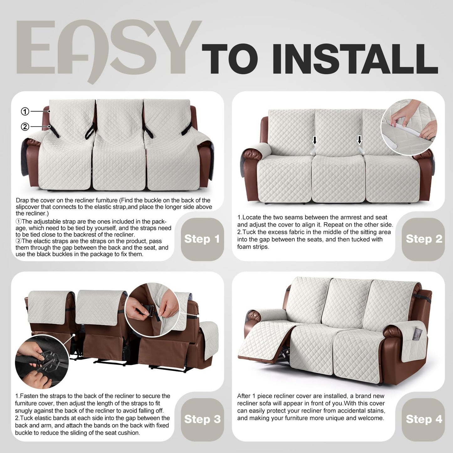 KinCam 100% Waterproof Recliner Sofa Covers, Non-Slip Reclining Couch Covers for 3 Seat, Recliner Couch Cover Furniture Protector with Elastic Straps for Pets, Kids, Beige White